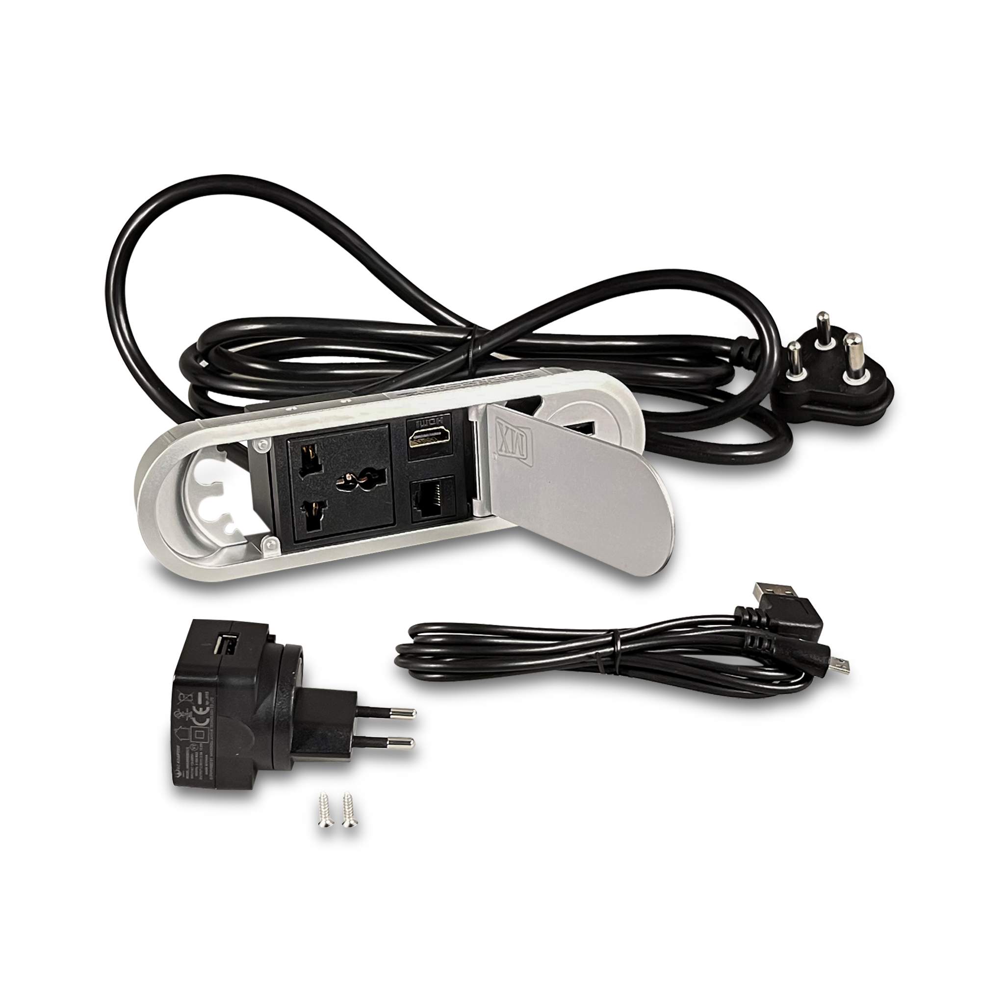 MX Desktop Concile Power Outlet with 1 Universal Socket | 2 USB A Charger | 1 RJ-45 (CAT-6) | 1 HDMI With 1.8 MTR Cord ( MX 7014A ) (Silver)