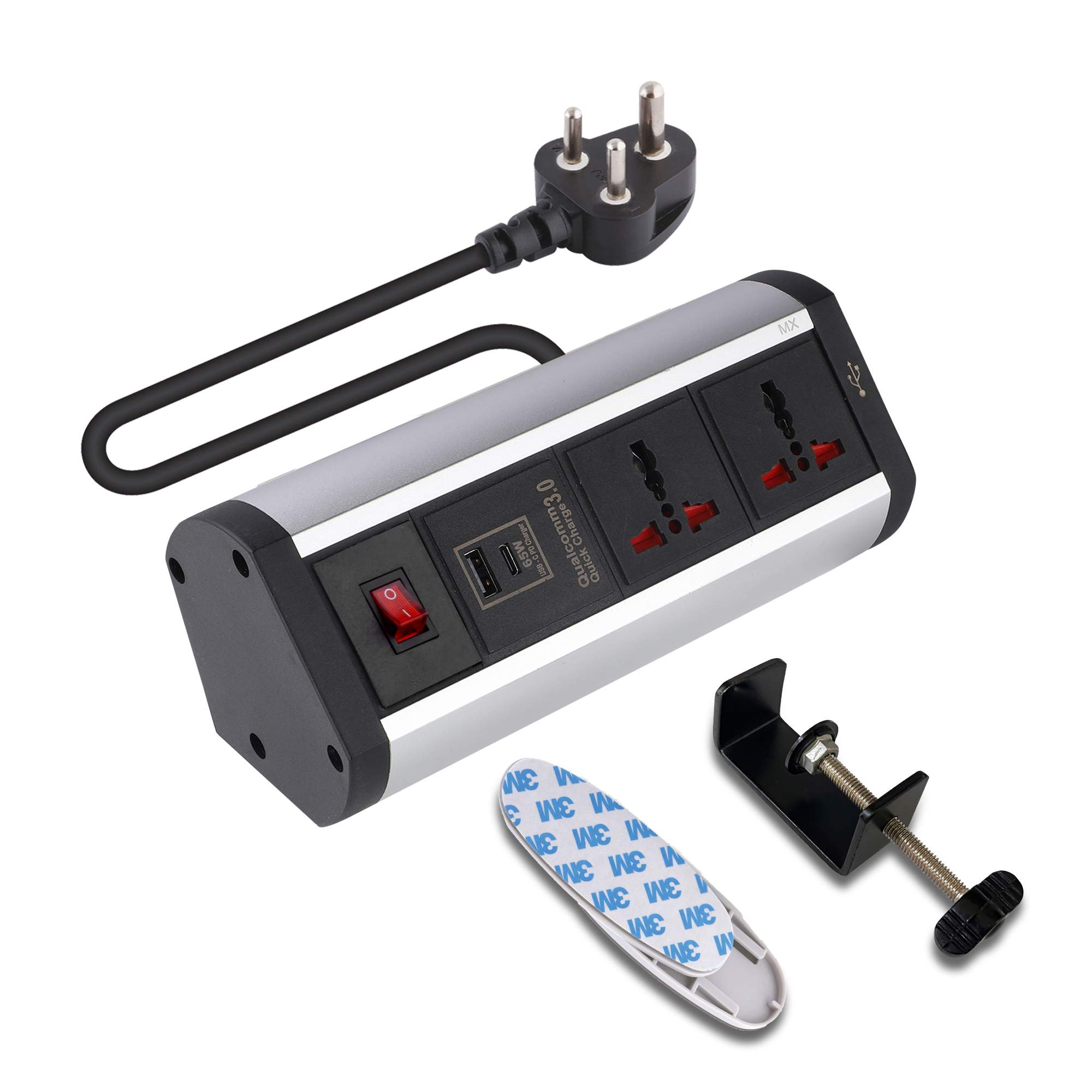 MX Premium Power Console 6 Amp 2 Universal Sockets with 65W PD Charging Port Extension Board - with removable Desk Clamp – Power Strip – Master Switch - 1.5m 3 Pin Plug extension Cord (MX-4181_1.5mtr)