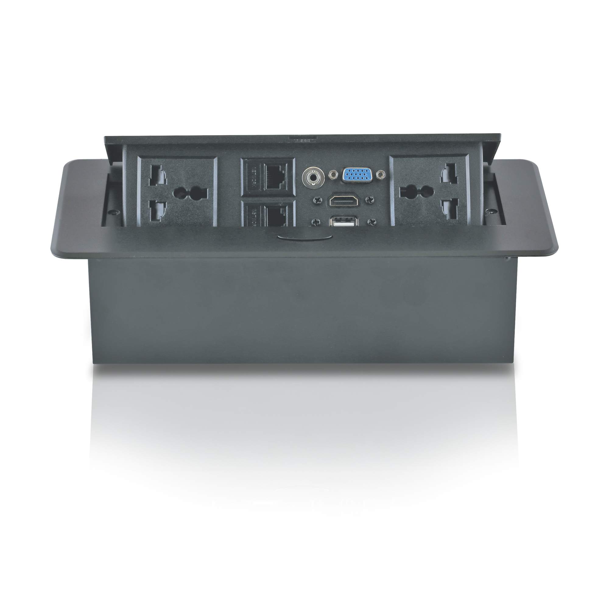 MX Hydraulic Pop Up Box/Cable Cubby with Switch 2 Universal Power Socket + 2 RJ-45 (CAT-6) + 1 VGA + 1 USB (DATA) + 1 HDMI (4K) +1 3.5 MM AUX Port (MX 7002A)