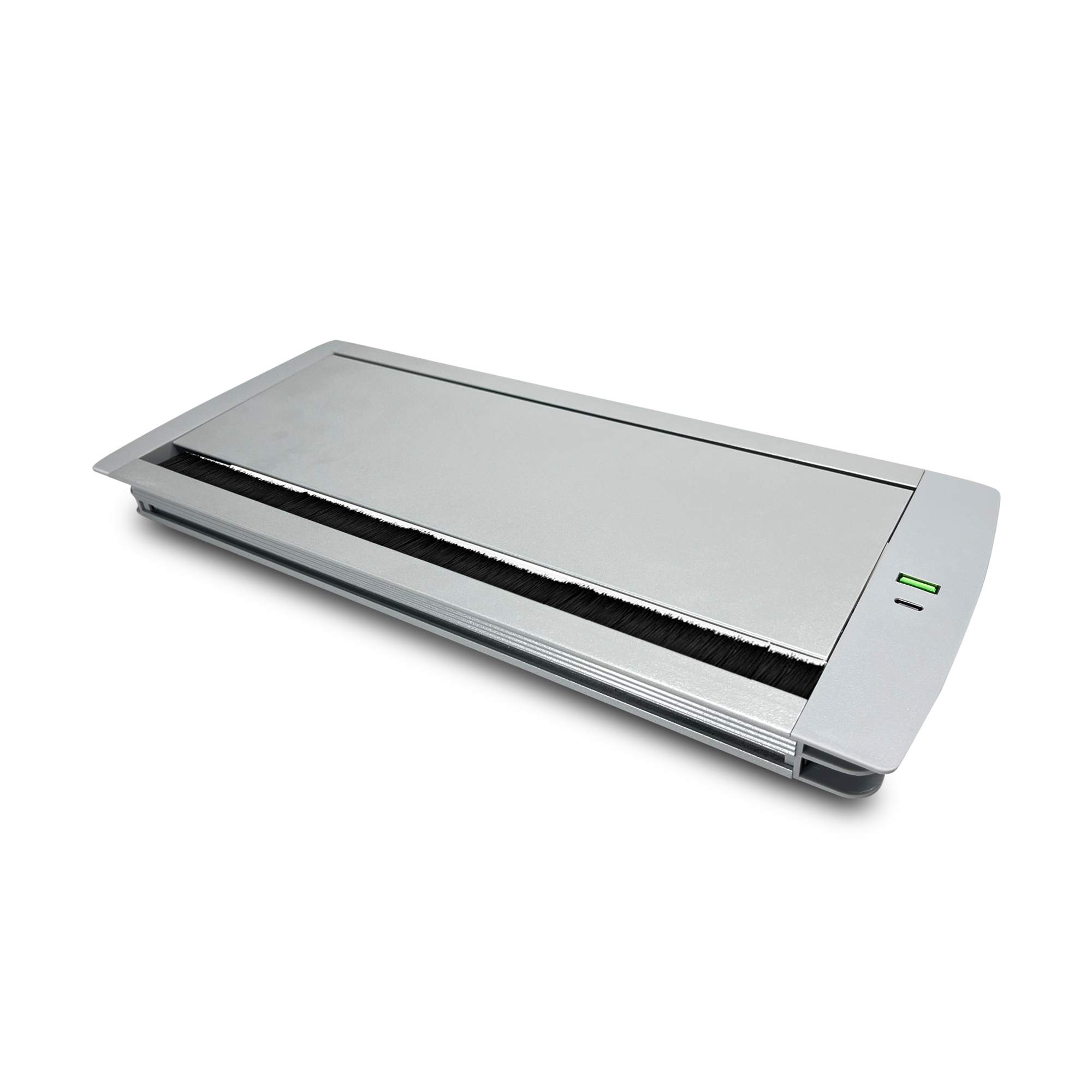 MX Aluminum Alloy Access Flap with Brush: Your Ultimate Desk Organizer for Effortless Cable Management and Workspace Tidiness, Featuring Additional 1 USB-A + C Ports (CUTOUT - 466X132 MM) Metallic Silver
