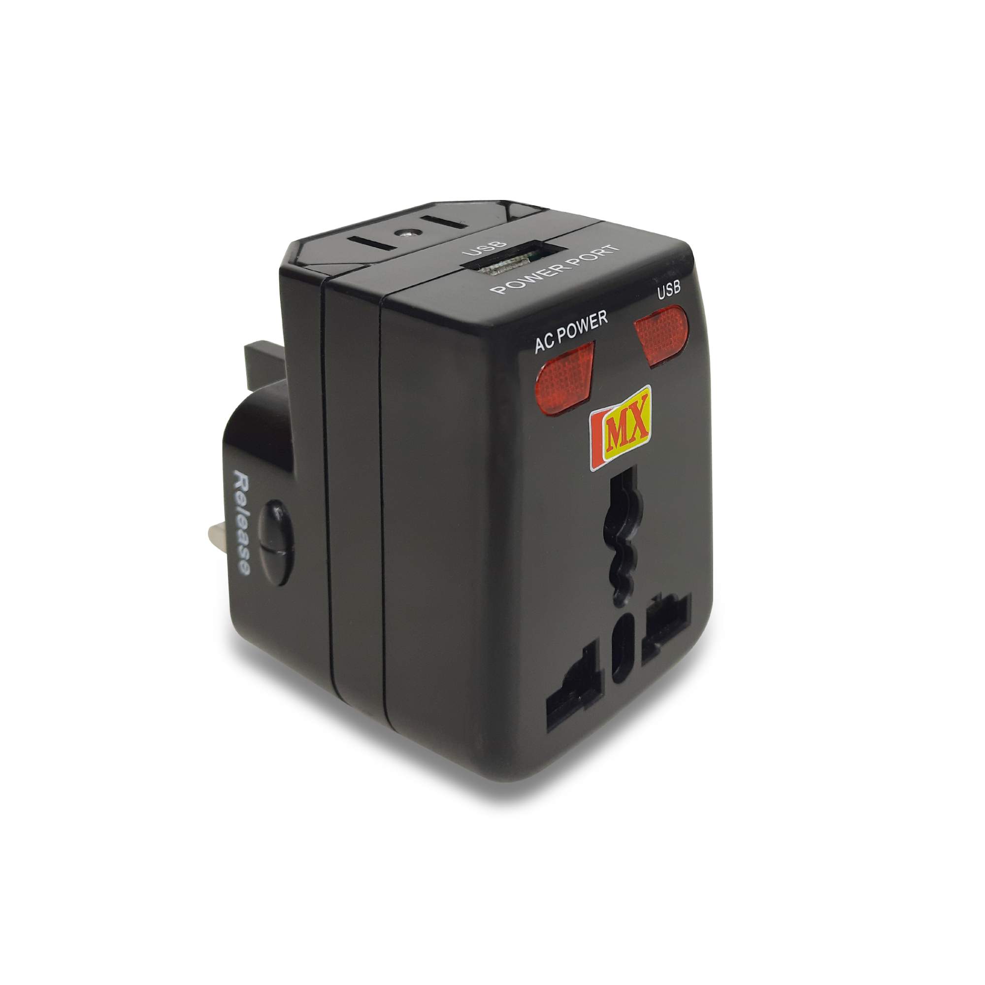 MX Universal Travel Adaptor with USB Charger with Indicator and Fuse.