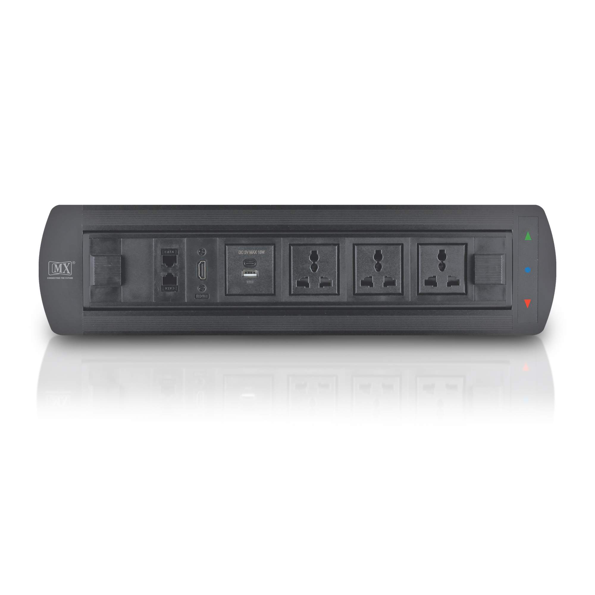 MX Motorized Pop Up Box / Cable Cubby With 3 Universal Power Socket + 2 USB Charger (A+C 18W PD) + 1 HDMI(4K) + 2 RJ-45 (CAT-6) Cable Manager (BLACK)