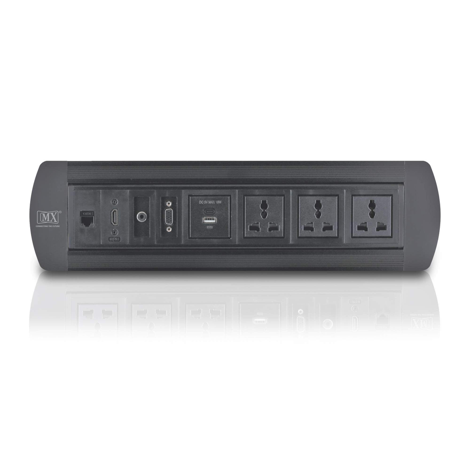 MX Manual Pop Up Box/Cable Cubby with 3 Universal Power Socket + 2 USB CHARGER (A + C 18W PD) + 1 HDMI (4K) + 1 RJ-45 (CAT-6) + 1 AUX (3.5MM) Cable Manager ( MX 7001A ) (BLACK)
