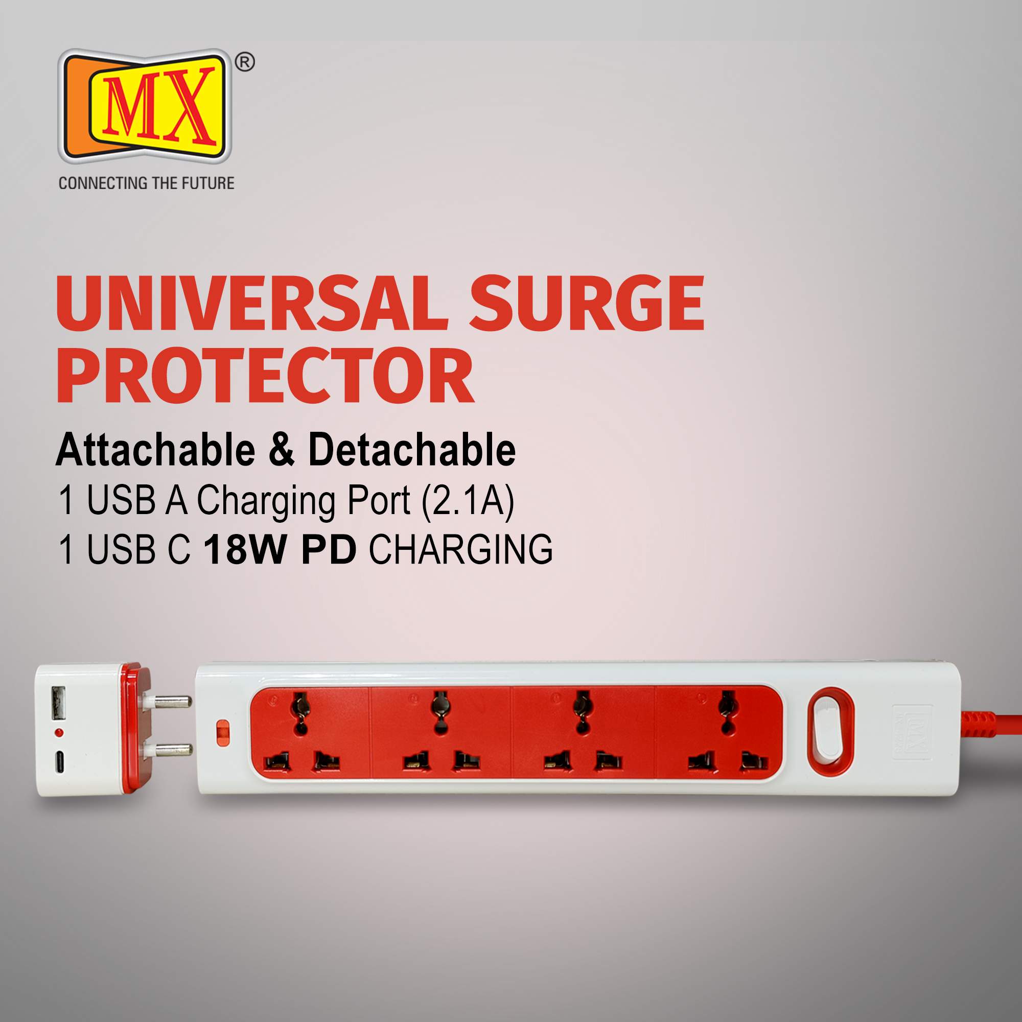 MX 7+1 Surge Protector with 4 universal socket / International Socket, Detachable 2 USB A + C 18W PD charging port (2.1A) with thermal protection & switch for home appliances like electric cooktop & Stove - Image 2
