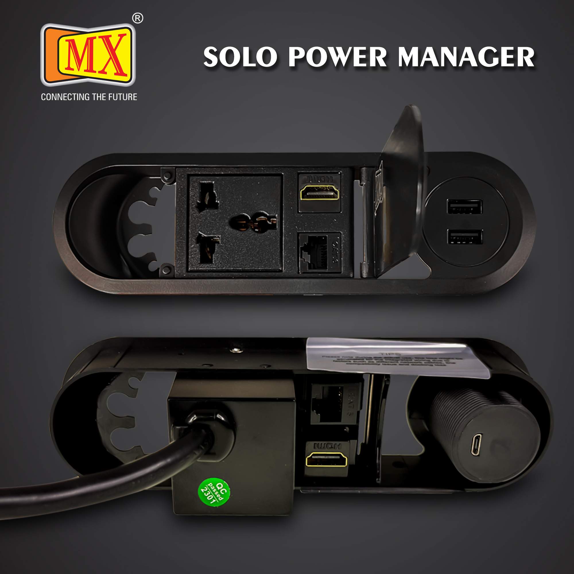 MX Desktop Concile Power Outlet with 1 Universal Socket | 2 USB A Charger | 1 RJ-45 (CAT-6) | 1 HDMI With 1.8 MTR Cord ( MX 7014 ) (Black) - Image 2