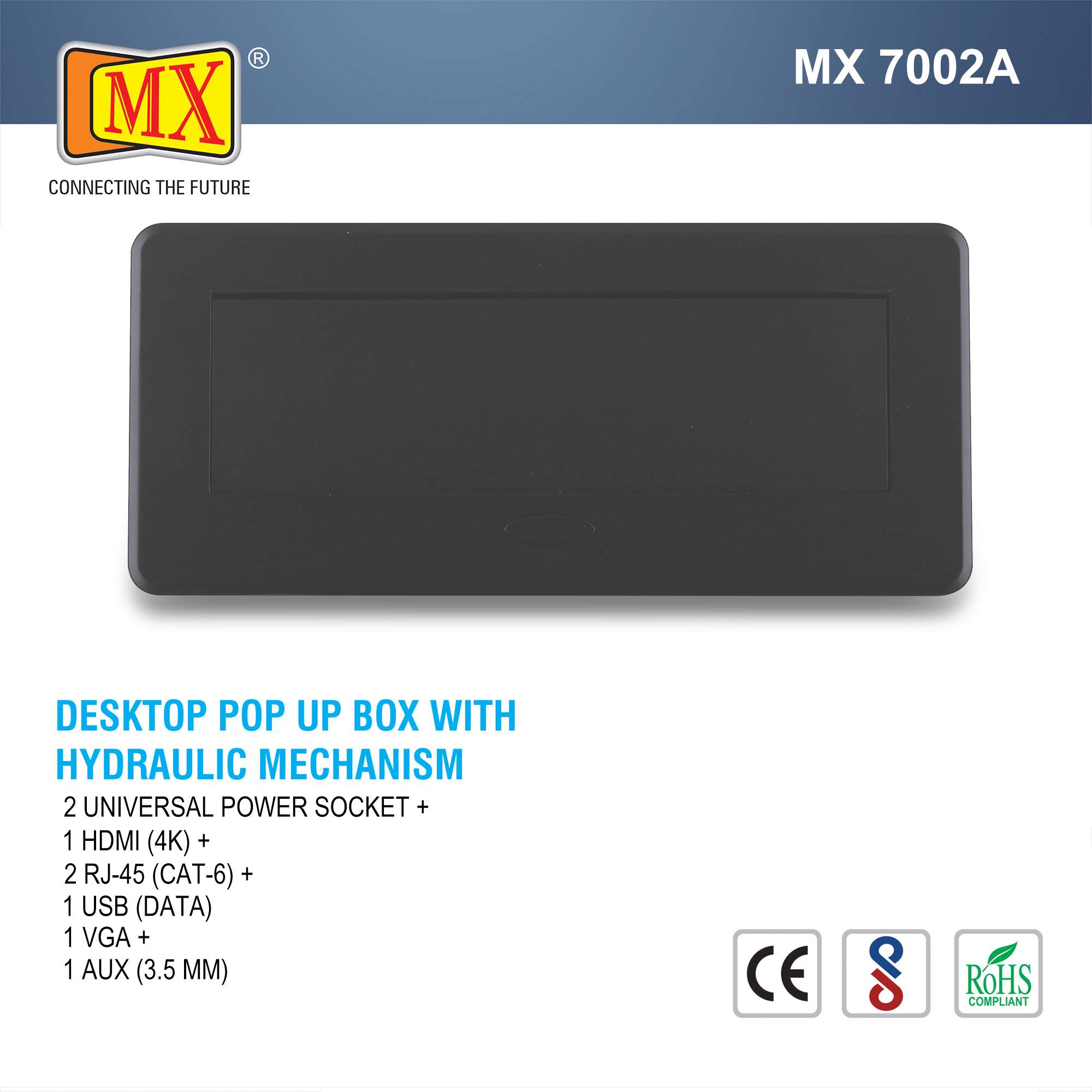 MX Hydraulic Pop Up Box/Cable Cubby with Switch 2 Universal Power Socket + 2 RJ-45 (CAT-6) + 1 VGA + 1 USB (DATA) + 1 HDMI (4K) +1 3.5 MM AUX Port (MX 7002A) - Image 2