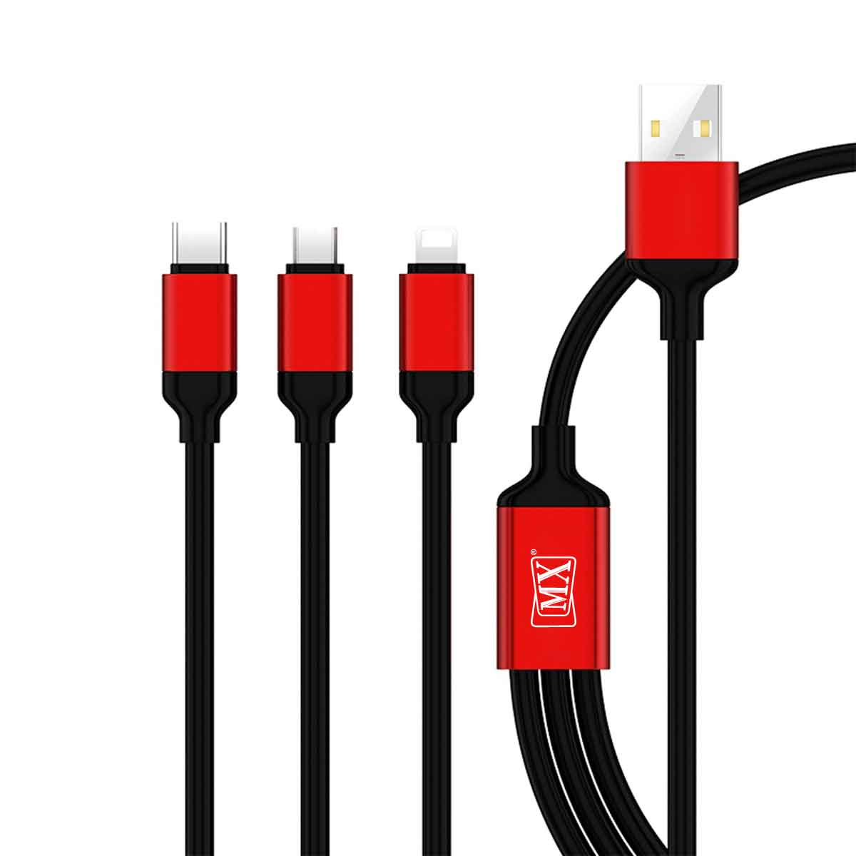 MX USB-A Male to Micro USB, USB Type C, and 8-Pin Lightning Male 3-in-1 Cord with Metal Shell - 1 Meter (Pack of 2). - Image 3