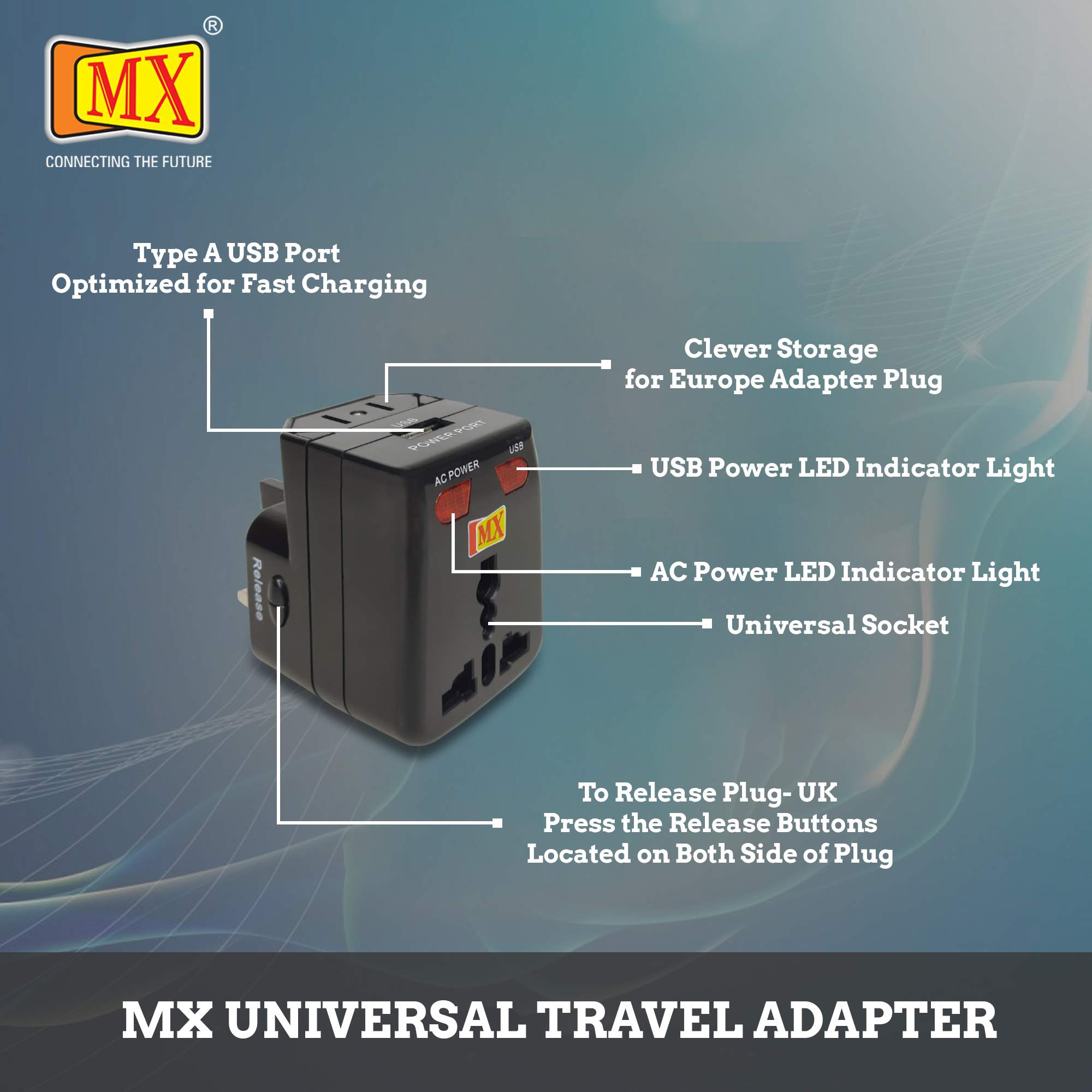 MX Universal Travel Adaptor with USB Charger with Indicator and Fuse. - Image 2
