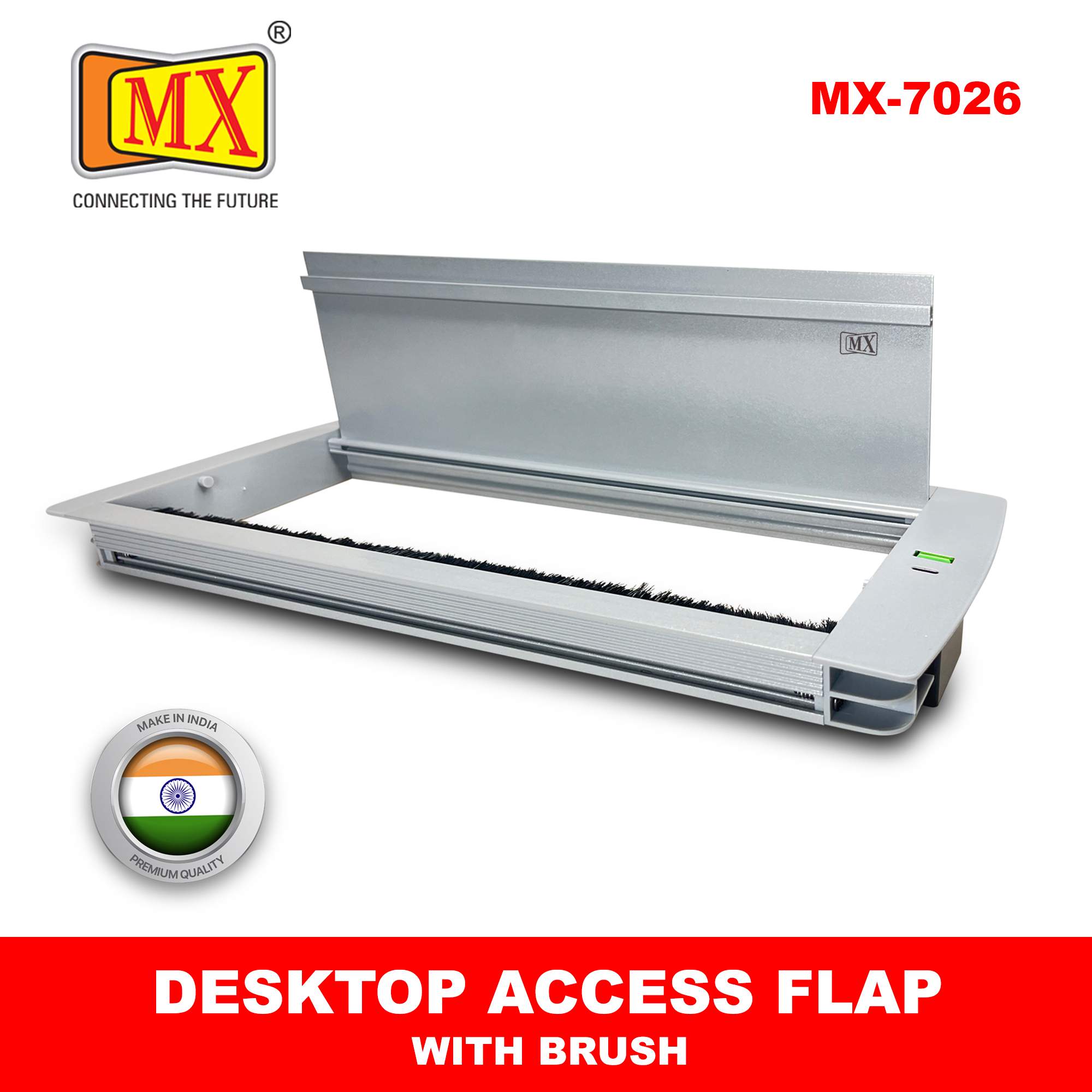 MX Aluminum Alloy Access Flap with Brush: Your Ultimate Desk Organizer for Effortless Cable Management and Workspace Tidiness, Featuring Additional 1 USB-A + C Ports (CUTOUT - 466X132 MM) Metallic Silver - Image 2