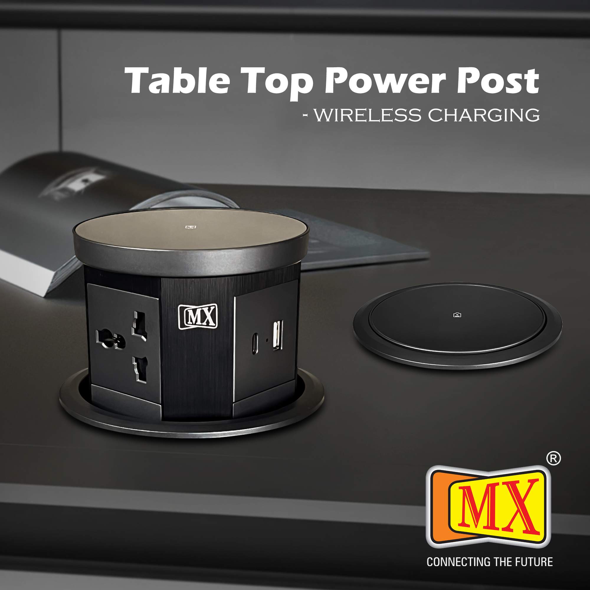 MX Table Top Power Post Push Up Come with 3 Universal Socket + 1 USB + 1 USB C - 20W PD Charger + 1 Top Wireless Charger 15W Along with 1.5 MTR Cord ( MX 7011 ) - Image 2