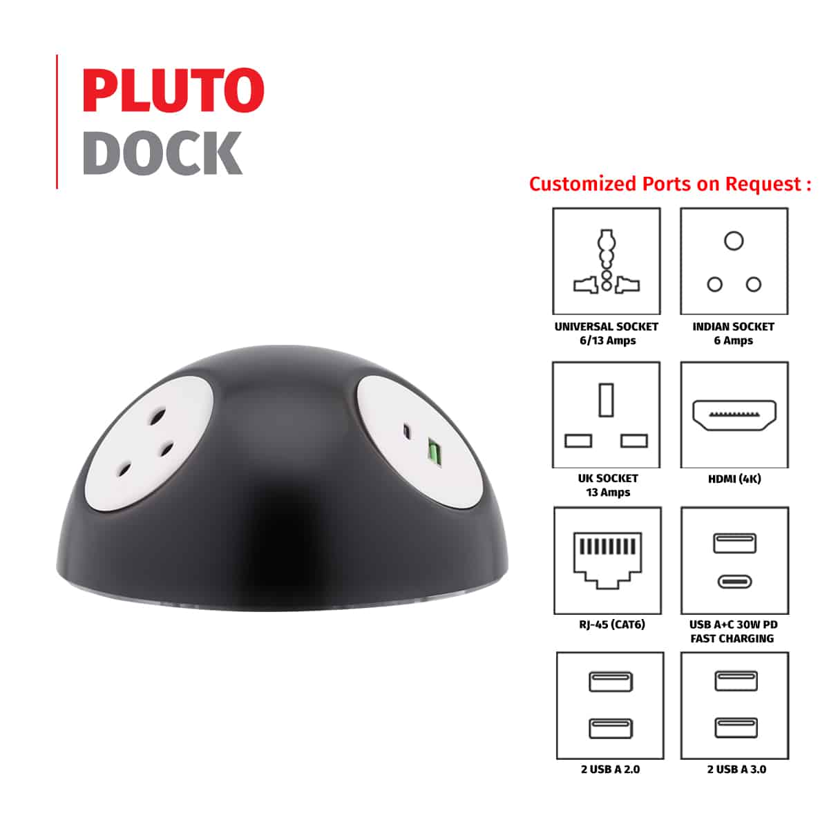 MX Pluto Grommet Power Hub With Bottom LED Glow: 2 Universal Sockets, 1 USB-A + USB-C 30W PD Charging (WITHOUT LOCKING CLASP RING) - Image 2