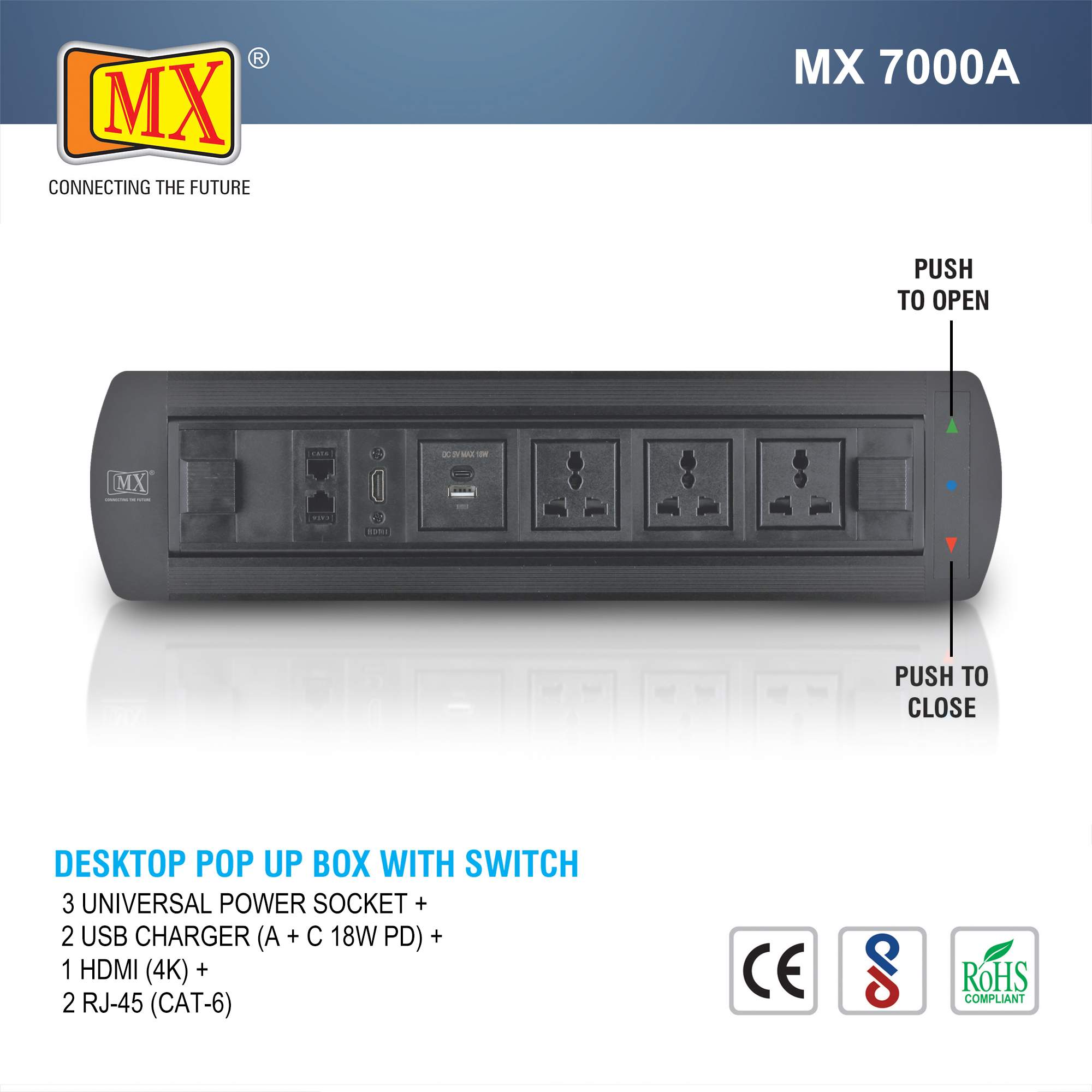 MX Motorized Pop Up Box / Cable Cubby With 3 Universal Power Socket + 2 USB Charger (A+C 18W PD) + 1 HDMI(4K) + 2 RJ-45 (CAT-6) Cable Manager (BLACK) - Image 2