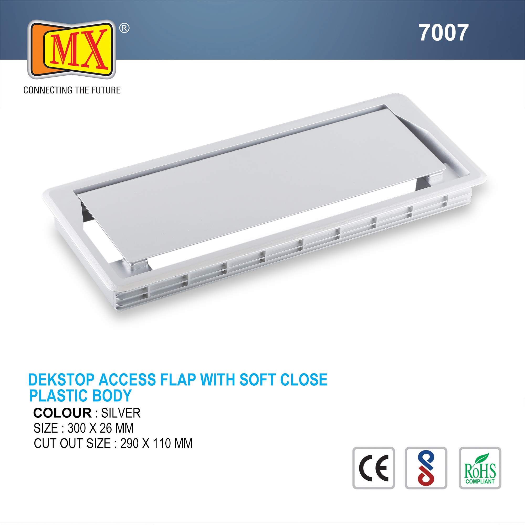 MX Plastic Access Flap Your Ultimate Desk Organizer for Effortless Cable Management and Workspace Tidiness (Cutout Size: 290x110) Silver - Image 2
