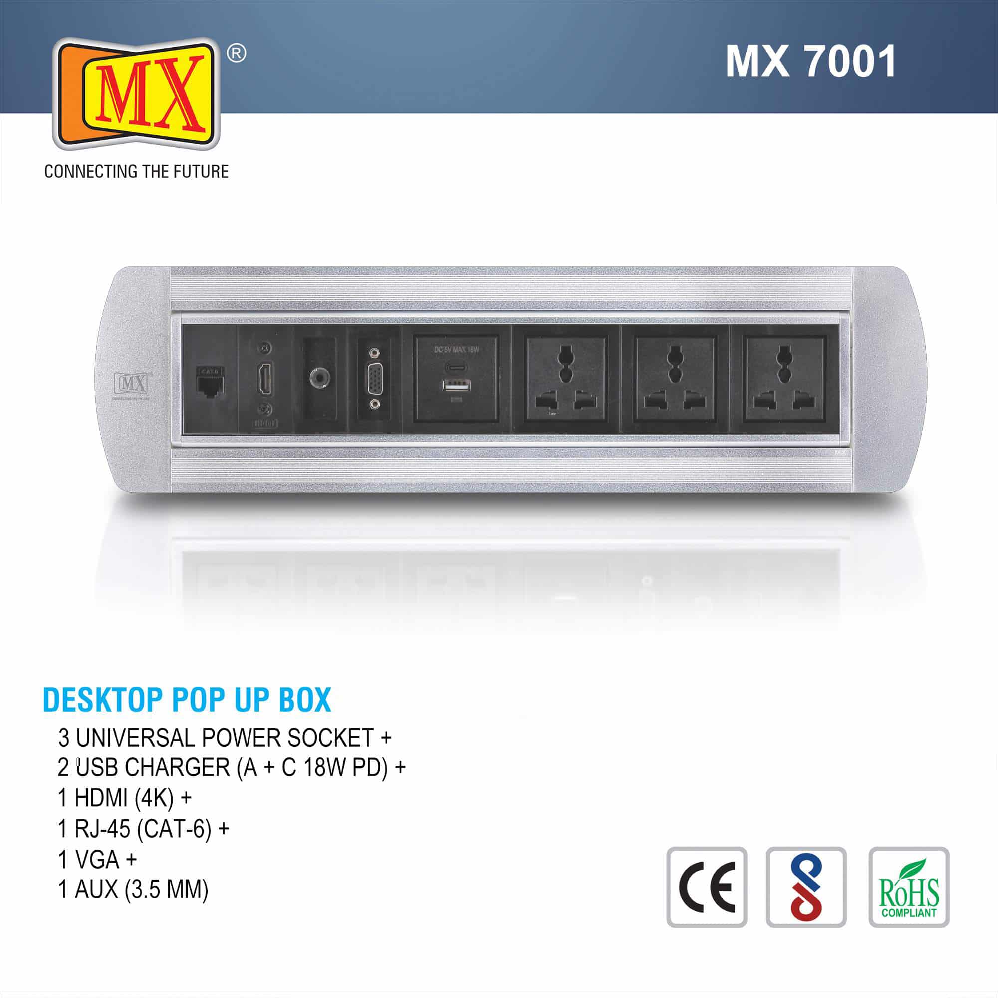 MX Manual Pop Up Box/Cable Cubby with 3 Universal Power Socket + 2 USB CHARGER (A + C 18W PD) + 1 HDMI (4K) + 1 RJ-45 (CAT-6) + 1 AUX (3.5MM) Cable Manager ( MX 7001A ) (BLACK) - Image 6