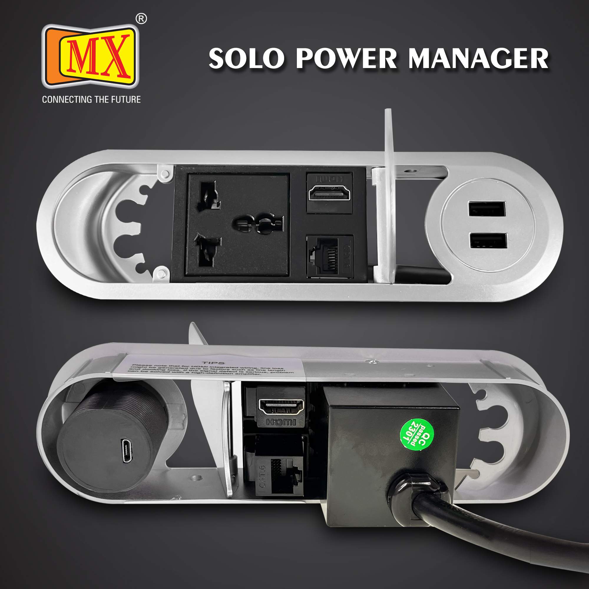MX Desktop Concile Power Outlet with 1 Universal Socket | 2 USB A Charger | 1 RJ-45 (CAT-6) | 1 HDMI With 1.8 MTR Cord ( MX 7014A ) (Silver) - Image 2