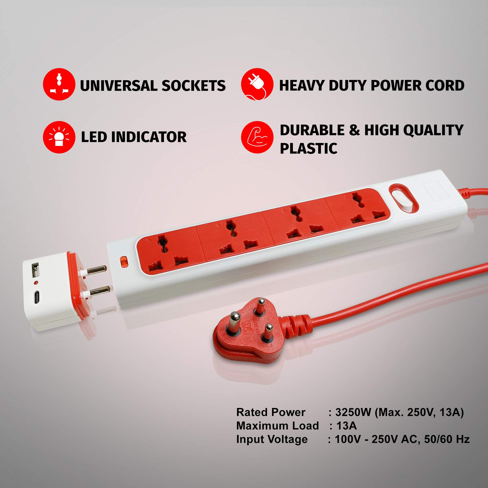MX 7+1 Surge Protector with 4 universal socket / International Socket, Detachable 2 USB A + C 18W PD charging port (2.1A) with thermal protection & switch for home appliances like electric cooktop & Stove - Image 3