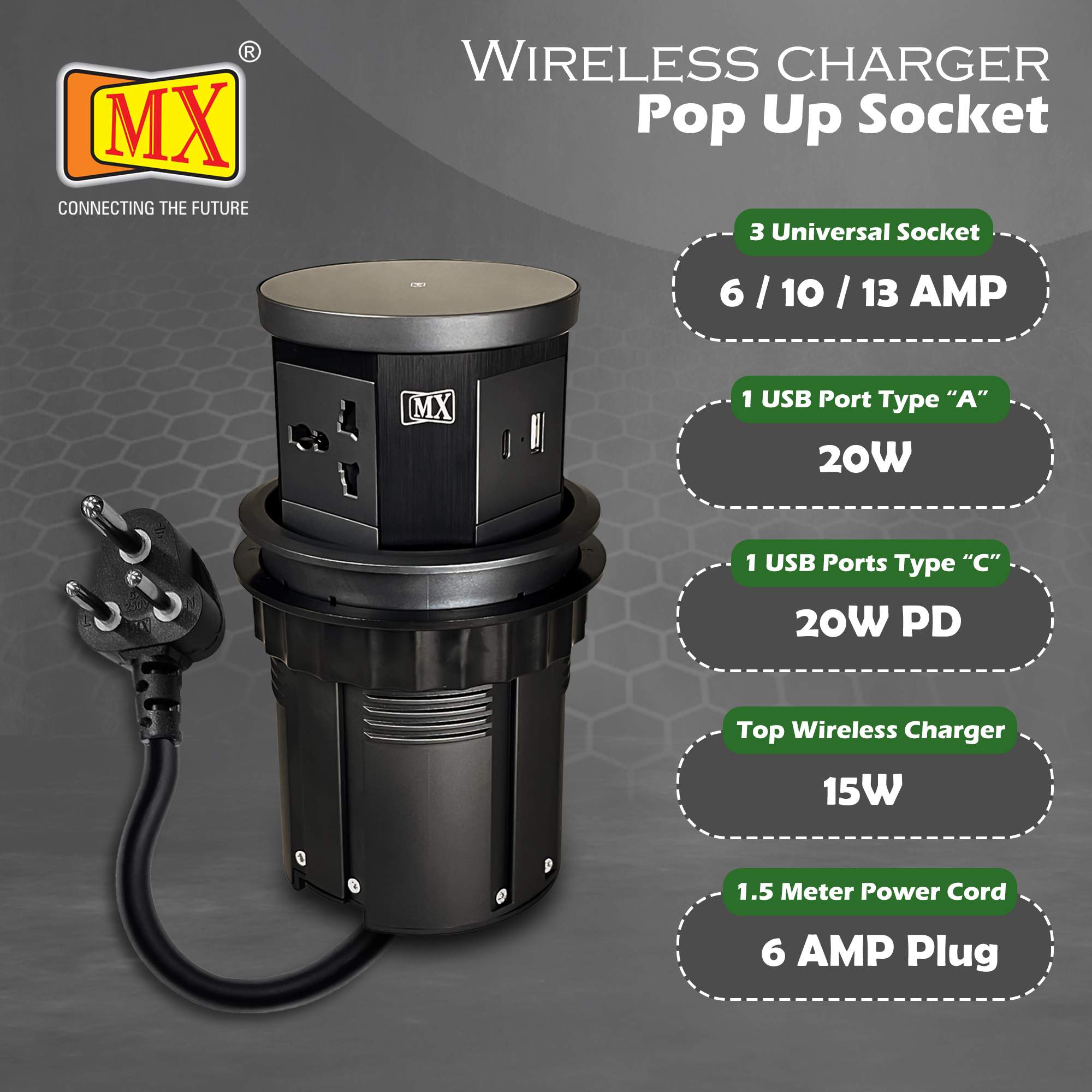MX Table Top Power Post Push Up Come with 3 Universal Socket + 1 USB + 1 USB C - 20W PD Charger + 1 Top Wireless Charger 15W Along with 1.5 MTR Cord ( MX 7011 ) - Image 5