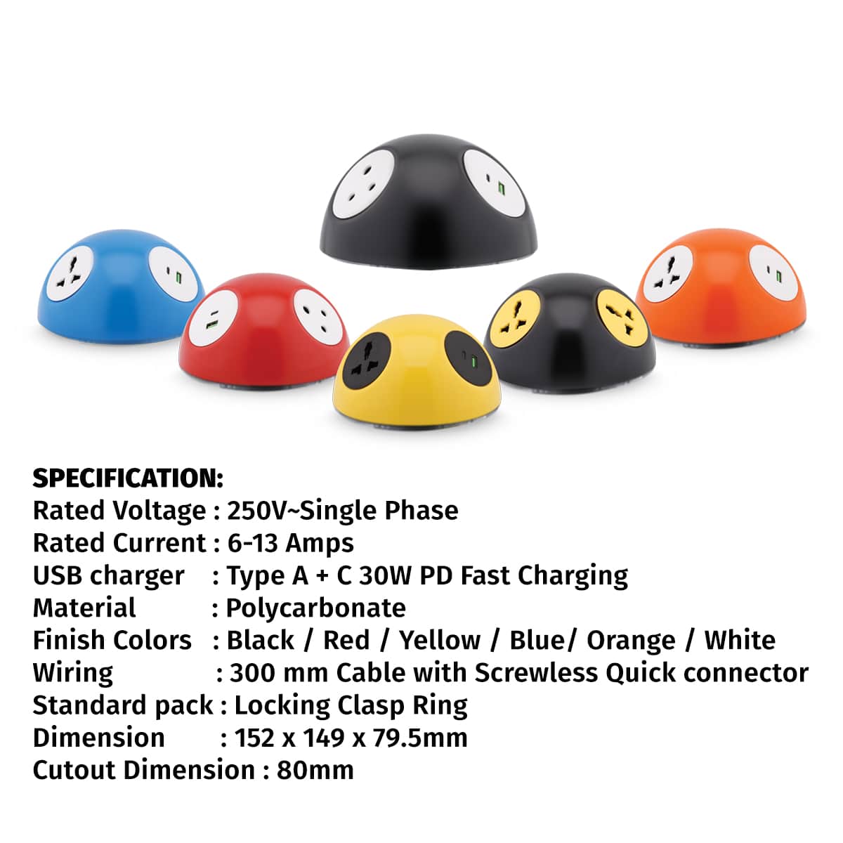 MX Pluto Grommet Power Hub With Bottom LED Glow: 2 Universal Sockets, 1 USB-A + USB-C 30W PD Charging (WITHOUT LOCKING CLASP RING) - Image 3