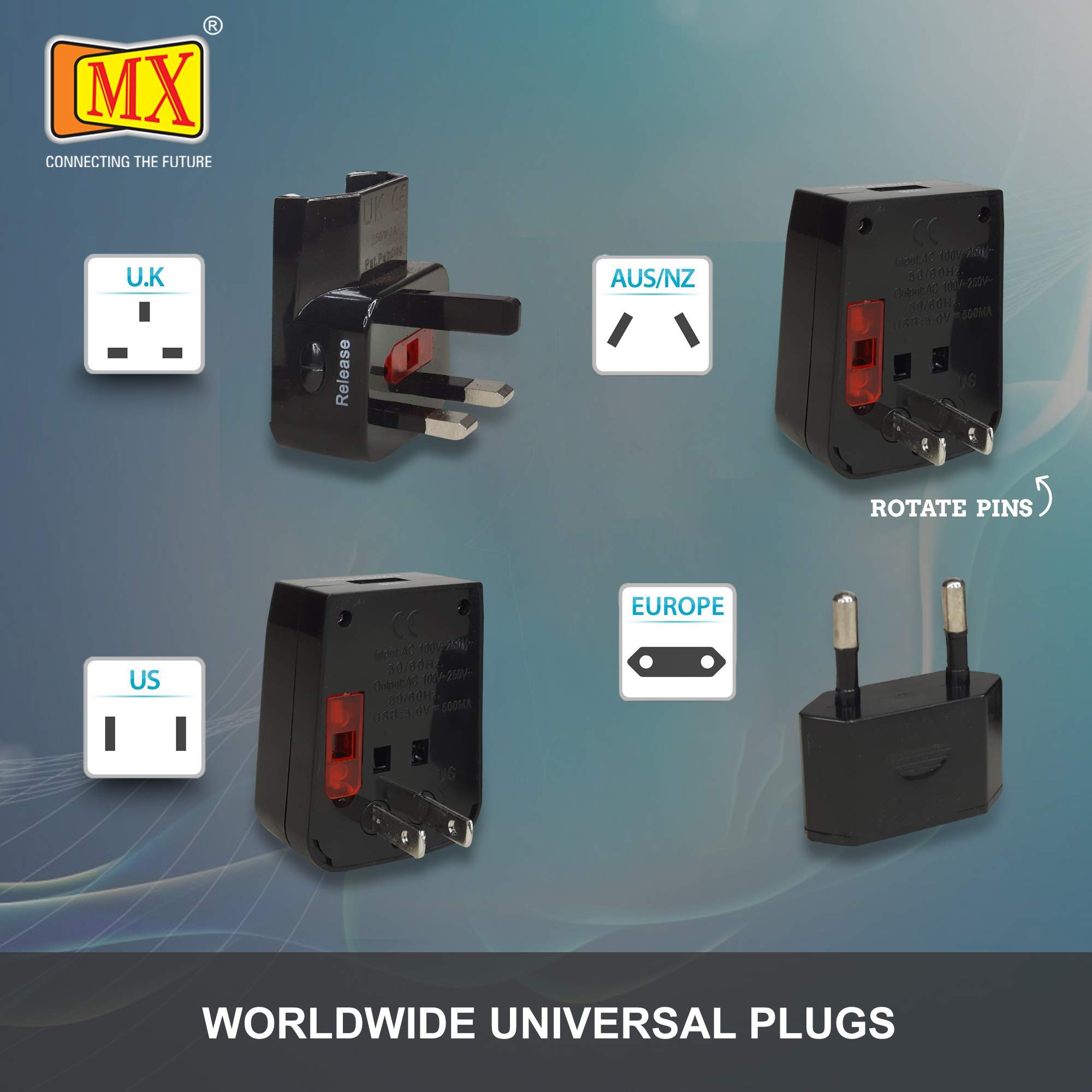 MX Universal Travel Adaptor with USB Charger with Indicator and Fuse. - Image 3