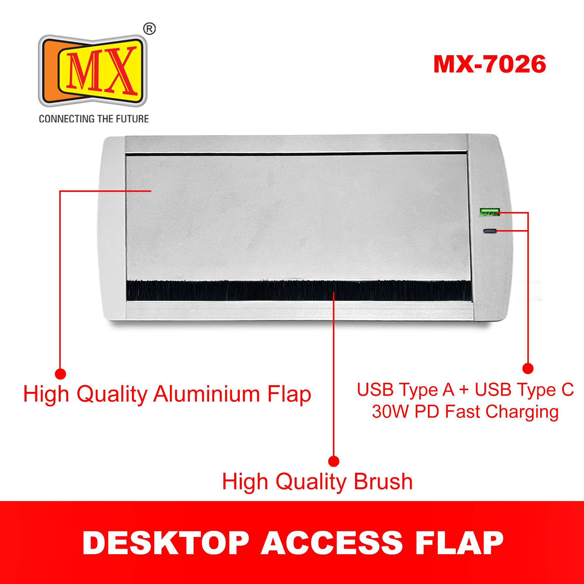 MX Aluminum Alloy Access Flap with Brush: Your Ultimate Desk Organizer for Effortless Cable Management and Workspace Tidiness, Featuring Additional 1 USB-A + C Ports (CUTOUT - 466X132 MM) Metallic Silver - Image 7