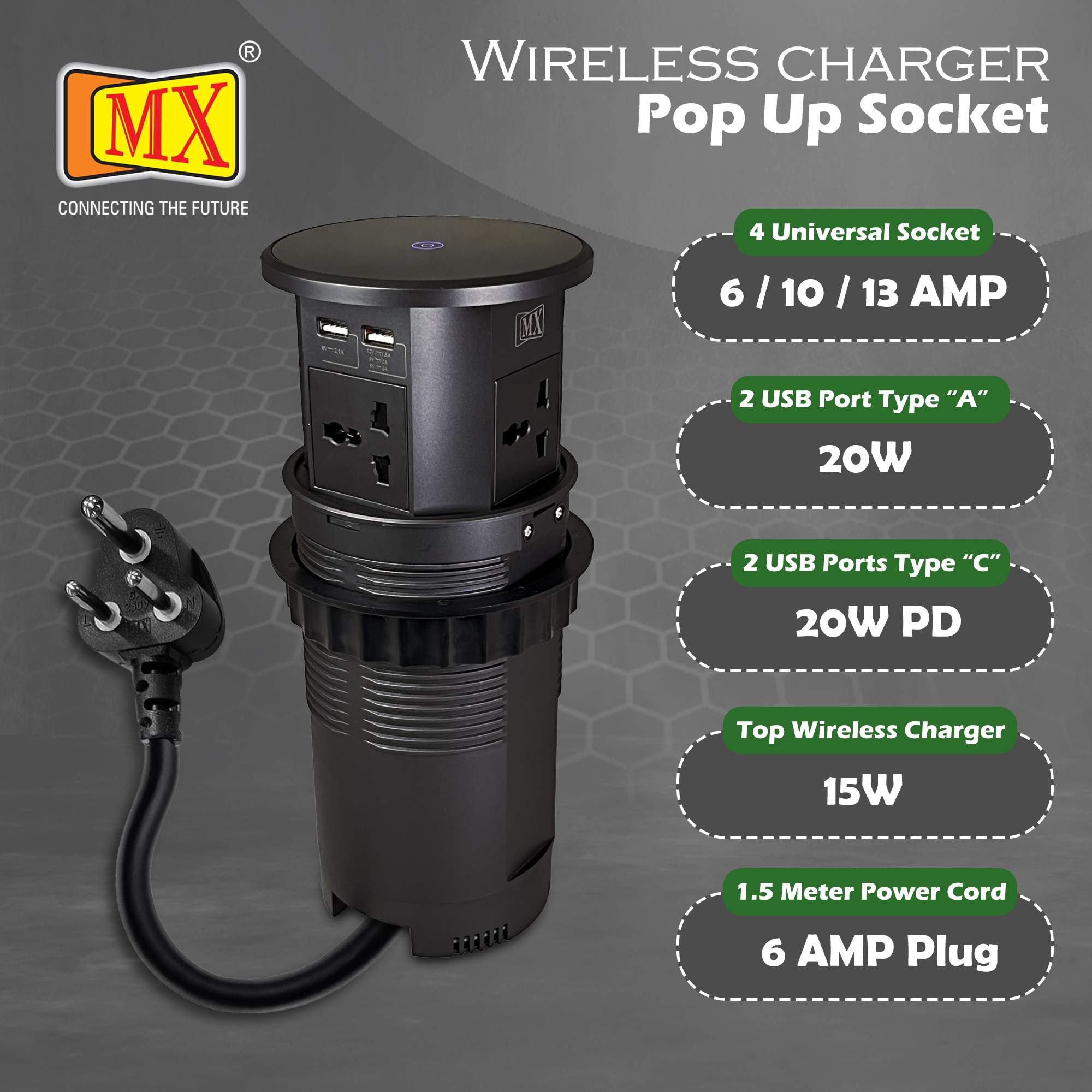 MX Table Top Power Feather Touch Up Wireless Come with 4 Universal Socket + 2 USB + 2 USB C - 20W PD Charger + 1 Top Wireless Charger 15W Along with 1.5 MTR Cord ( MX 7012 ) - Image 5