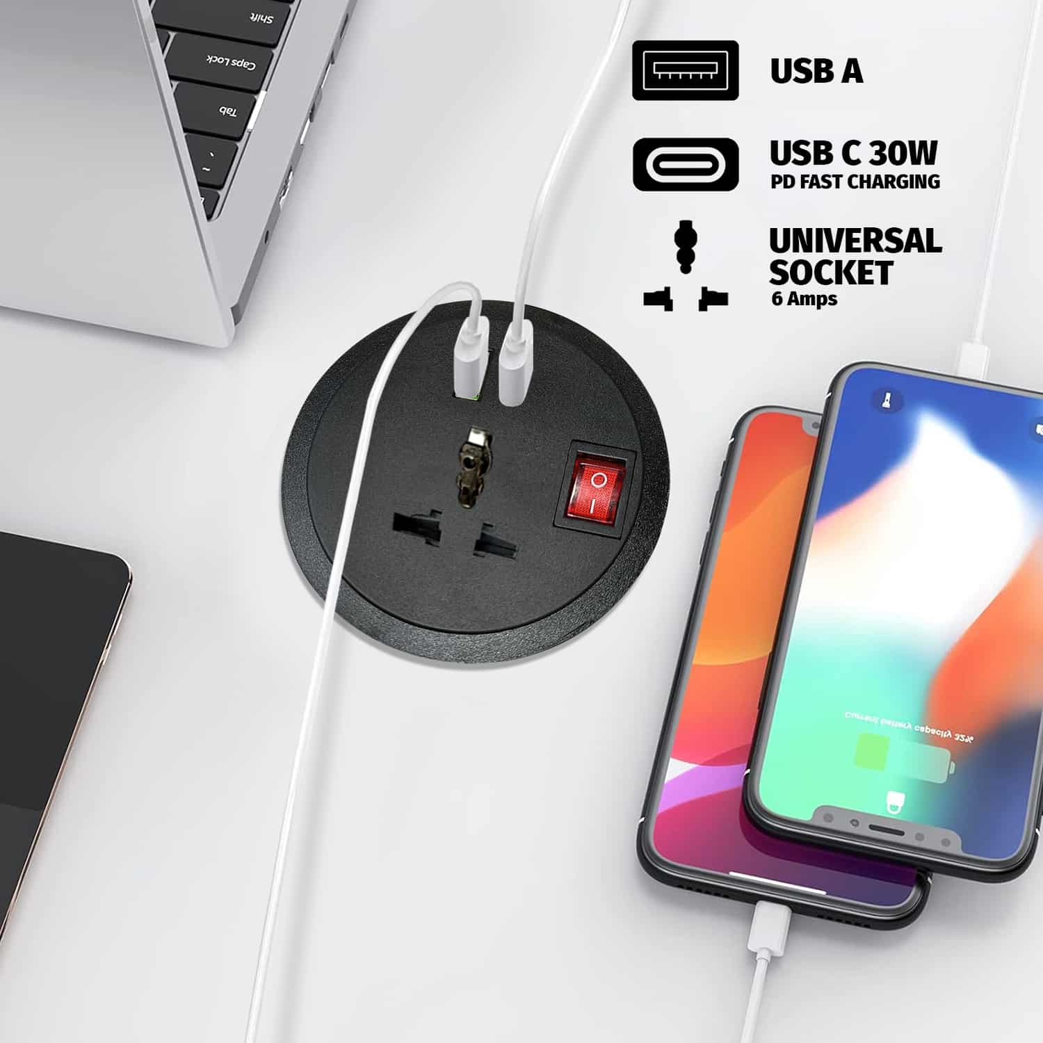 MX Desktop Power Grommet: 1 Universal Sockets, 1 USB-A + USB-C 30W PD Charging - Image 4