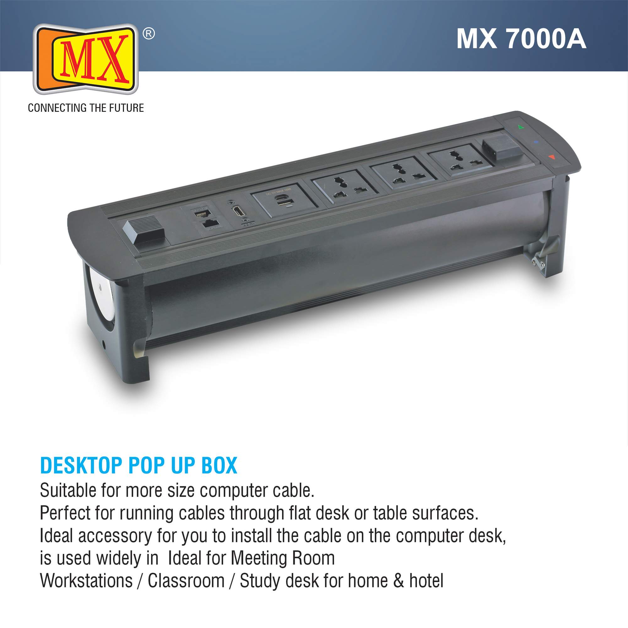 MX Motorized Pop Up Box / Cable Cubby With 3 Universal Power Socket + 2 USB Charger (A+C 18W PD) + 1 HDMI(4K) + 2 RJ-45 (CAT-6) Cable Manager (BLACK) - Image 6