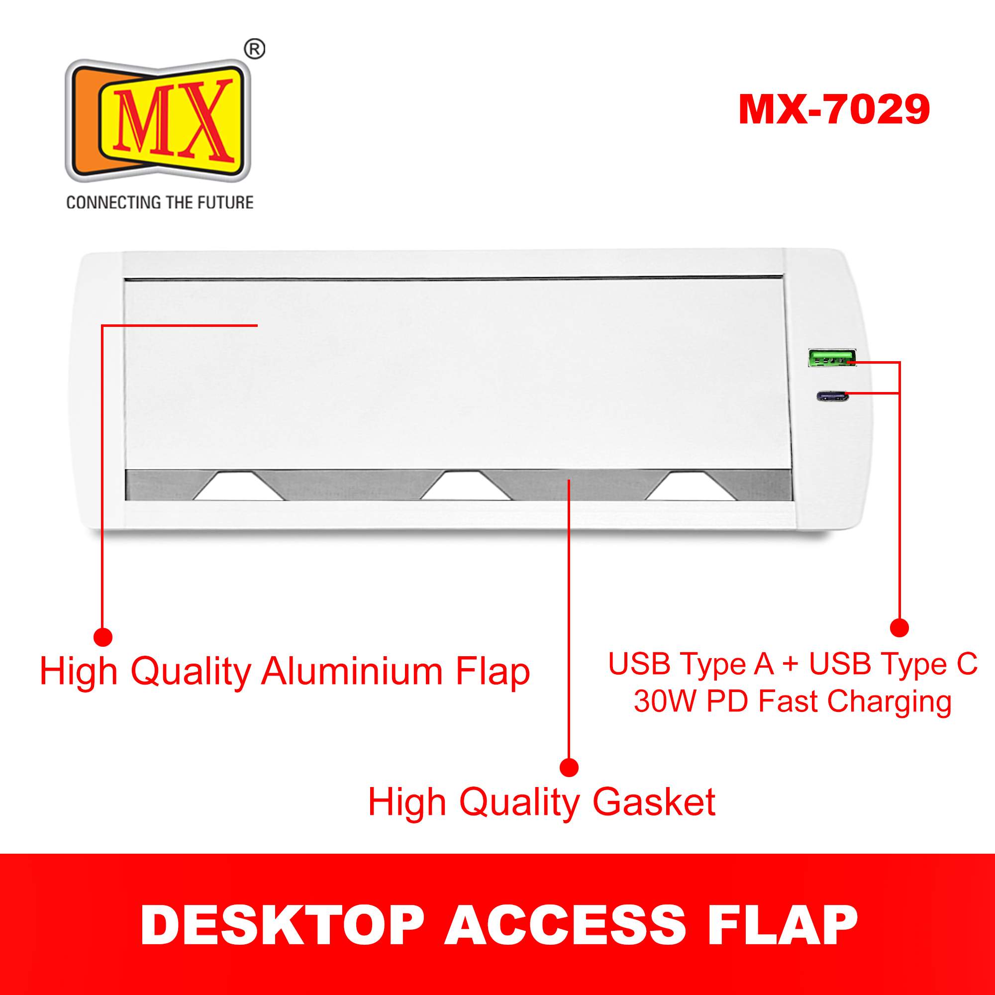 MX Aluminum Alloy Access Flap with Gasket: Your Ultimate Desk Organizer for Effortless Cable Management and Workspace Tidiness, Featuring Additional 1 USB-A + C Ports (CUTOUT -466X132 MM) White - Image 7