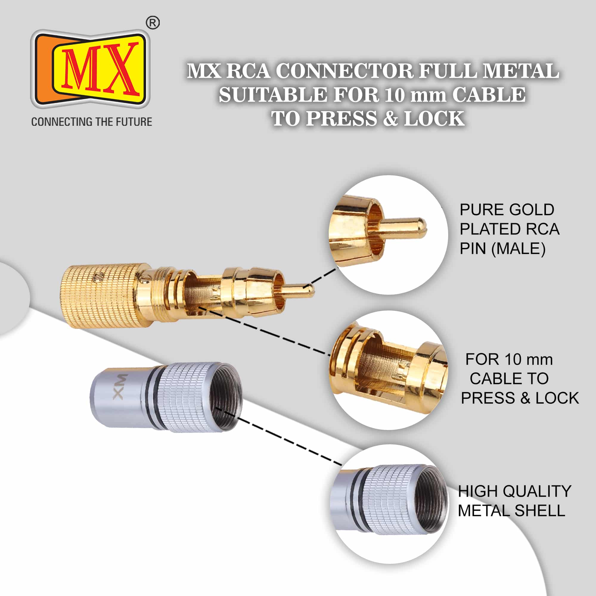 MX RCA Male Connector - Full Metal, Gold Plated - Suitable for 10mm Cable - Press & Lock Mechanism - Pack of 2 - Image 4