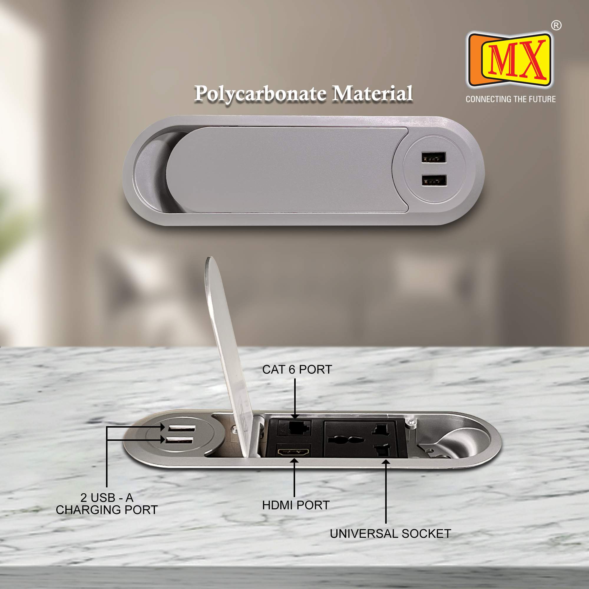 MX Desktop Concile Power Outlet with 1 Universal Socket | 2 USB A Charger | 1 RJ-45 (CAT-6) | 1 HDMI With 1.8 MTR Cord ( MX 7014A ) (Silver) - Image 3