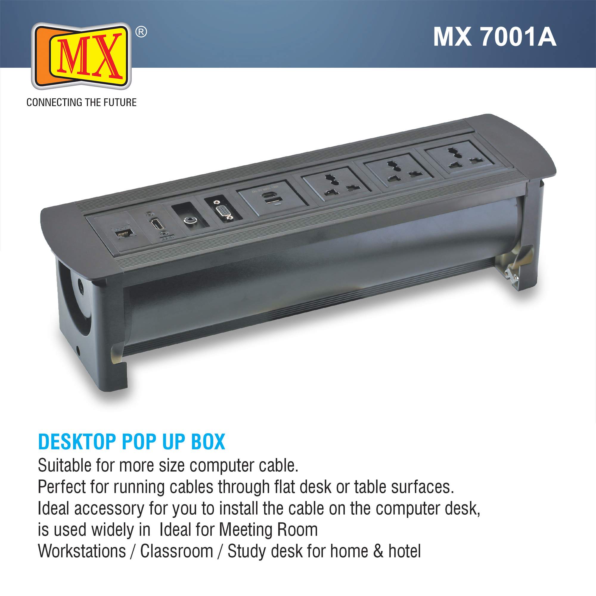 MX Manual Pop Up Box/Cable Cubby with 3 Universal Power Socket + 2 USB CHARGER (A + C 18W PD) + 1 HDMI (4K) + 1 RJ-45 (CAT-6) + 1 AUX (3.5MM) Cable Manager ( MX 7001A ) (BLACK) - Image 5