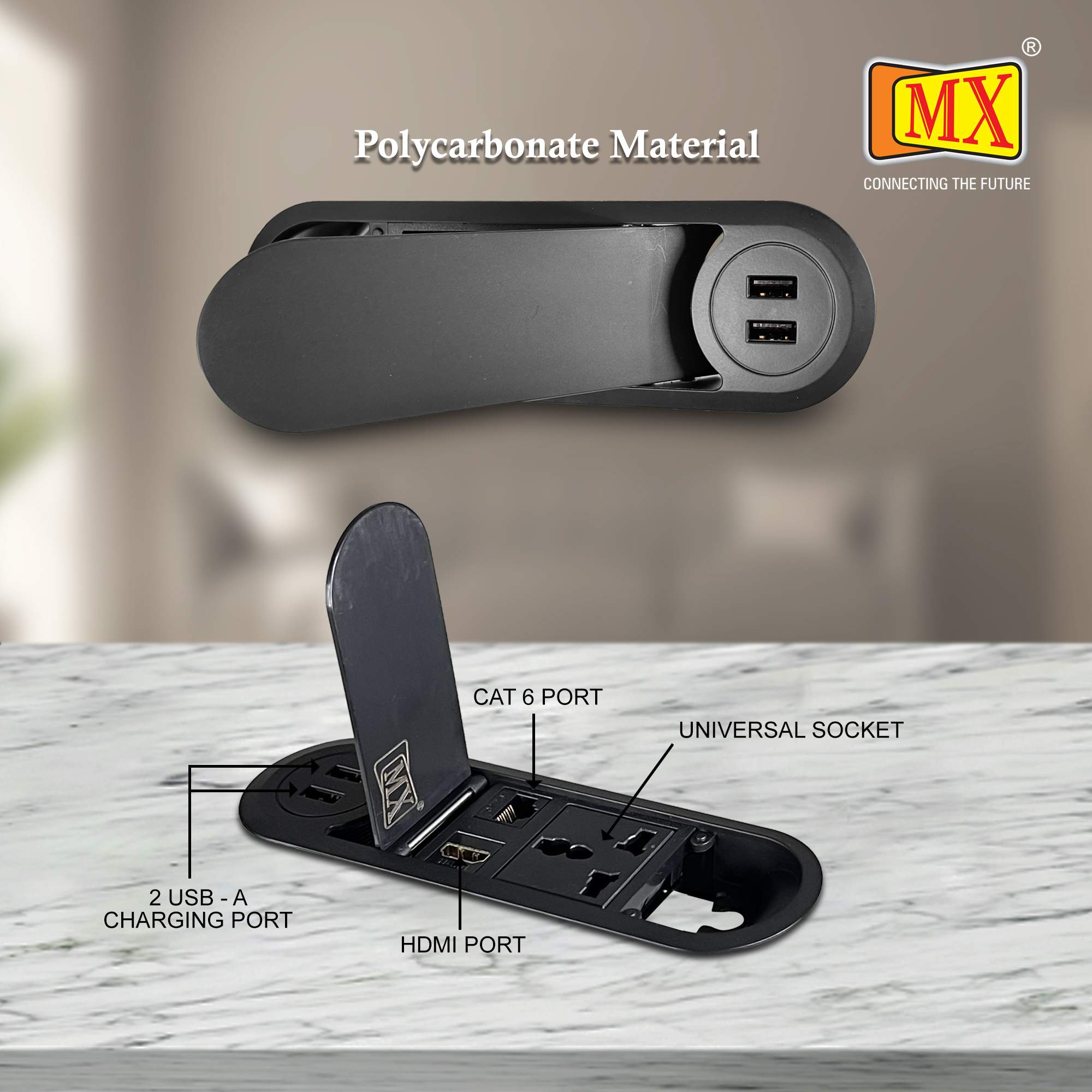 MX Desktop Concile Power Outlet with 1 Universal Socket | 2 USB A Charger | 1 RJ-45 (CAT-6) | 1 HDMI With 1.8 MTR Cord ( MX 7014 ) (Black) - Image 3