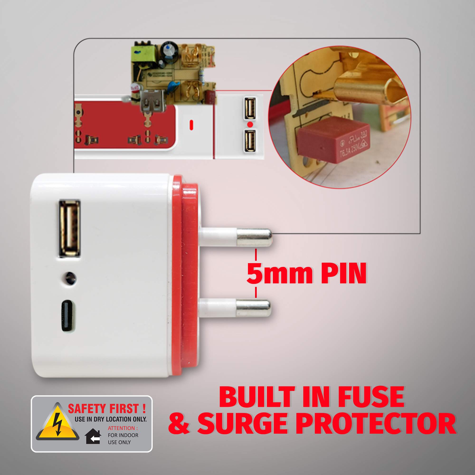 MX 7+1 Surge Protector with 4 universal socket / International Socket, Detachable 2 USB A + C 18W PD charging port (2.1A) with thermal protection & switch for home appliances like electric cooktop & Stove - Image 4