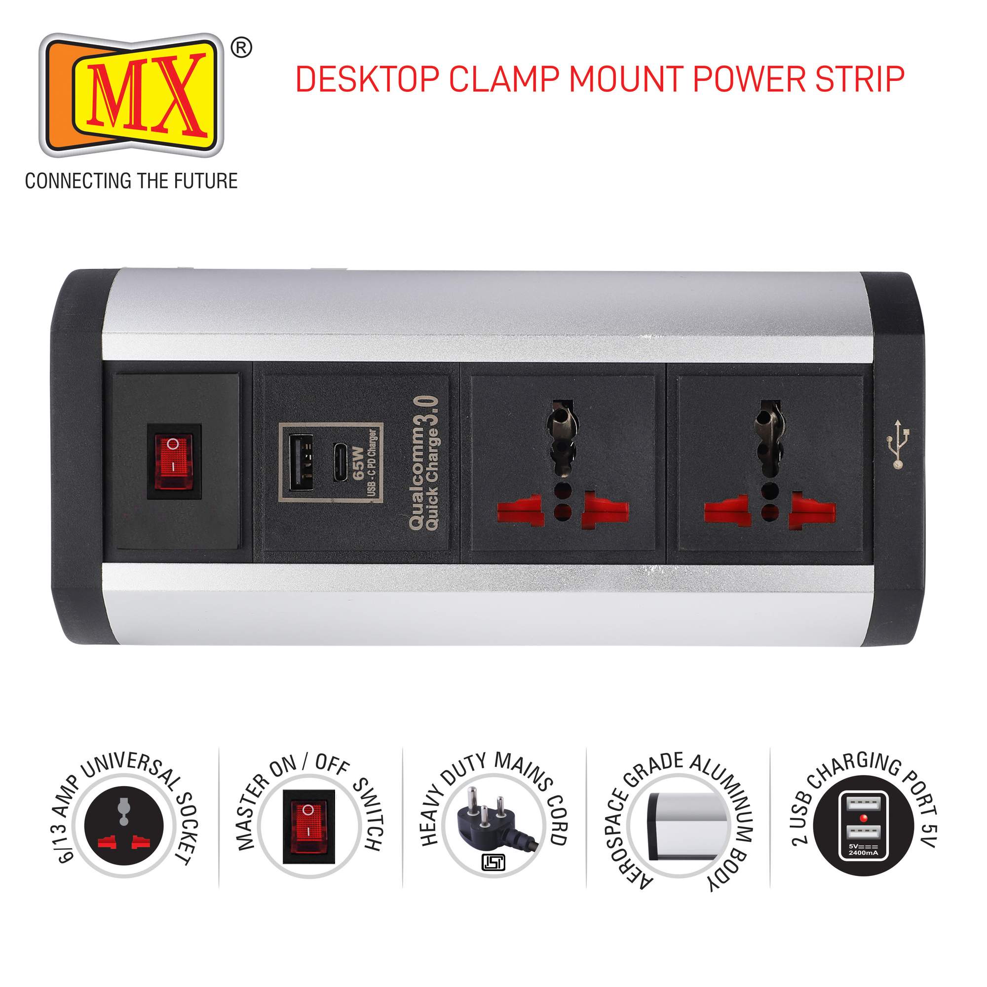 MX Premium Power Console 6 Amp 2 Universal Sockets with 65W PD Charging Port Extension Board - with removable Desk Clamp – Power Strip – Master Switch - 1.5m 3 Pin Plug extension Cord (MX-4181_1.5mtr) - Image 4