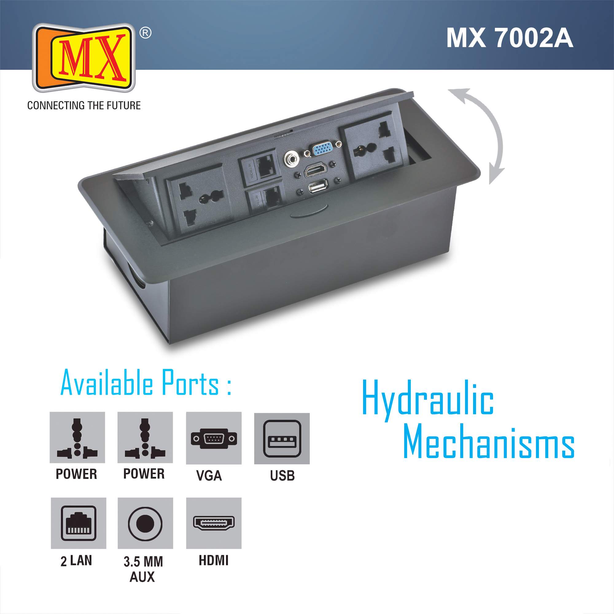 MX Hydraulic Pop Up Box/Cable Cubby with Switch 2 Universal Power Socket + 2 RJ-45 (CAT-6) + 1 VGA + 1 USB (DATA) + 1 HDMI (4K) +1 3.5 MM AUX Port (MX 7002A) - Image 5
