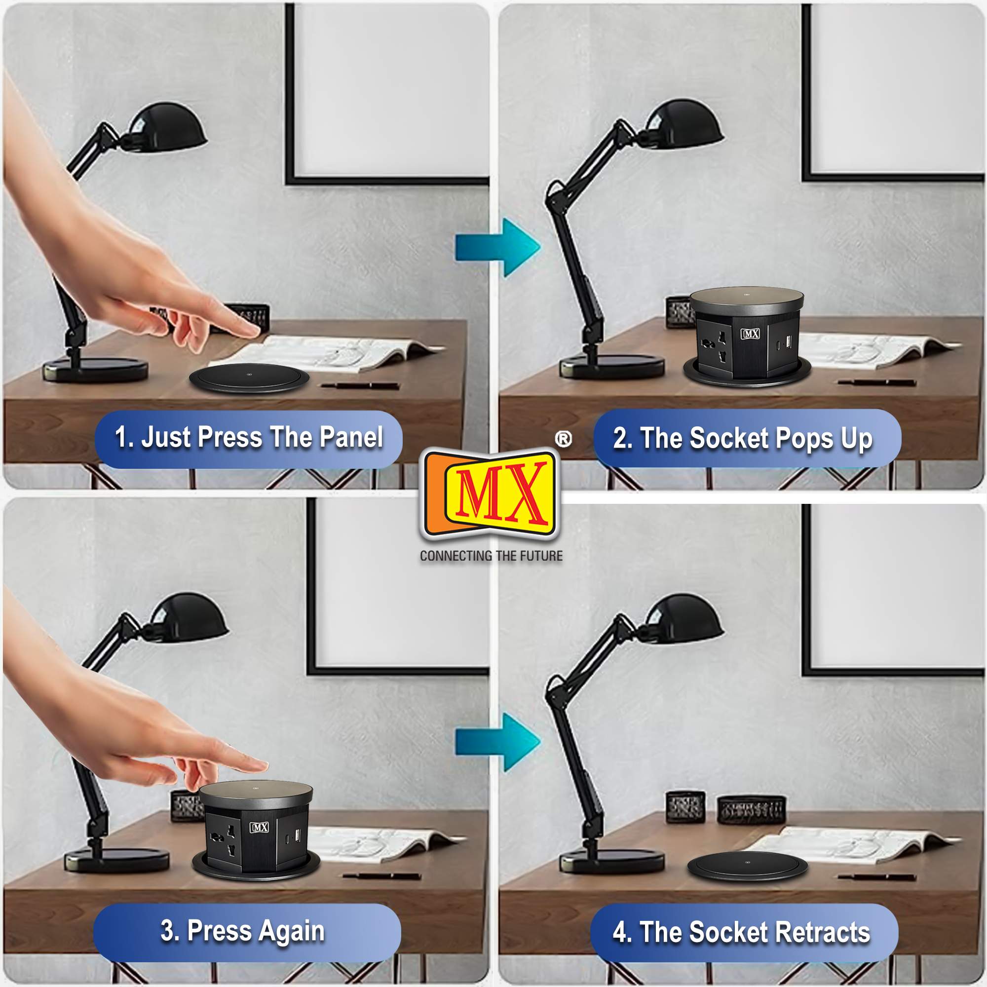 MX Table Top Power Post Push Up Come with 3 Universal Socket + 1 USB + 1 USB C - 20W PD Charger + 1 Top Wireless Charger 15W Along with 1.5 MTR Cord ( MX 7011 ) - Image 4