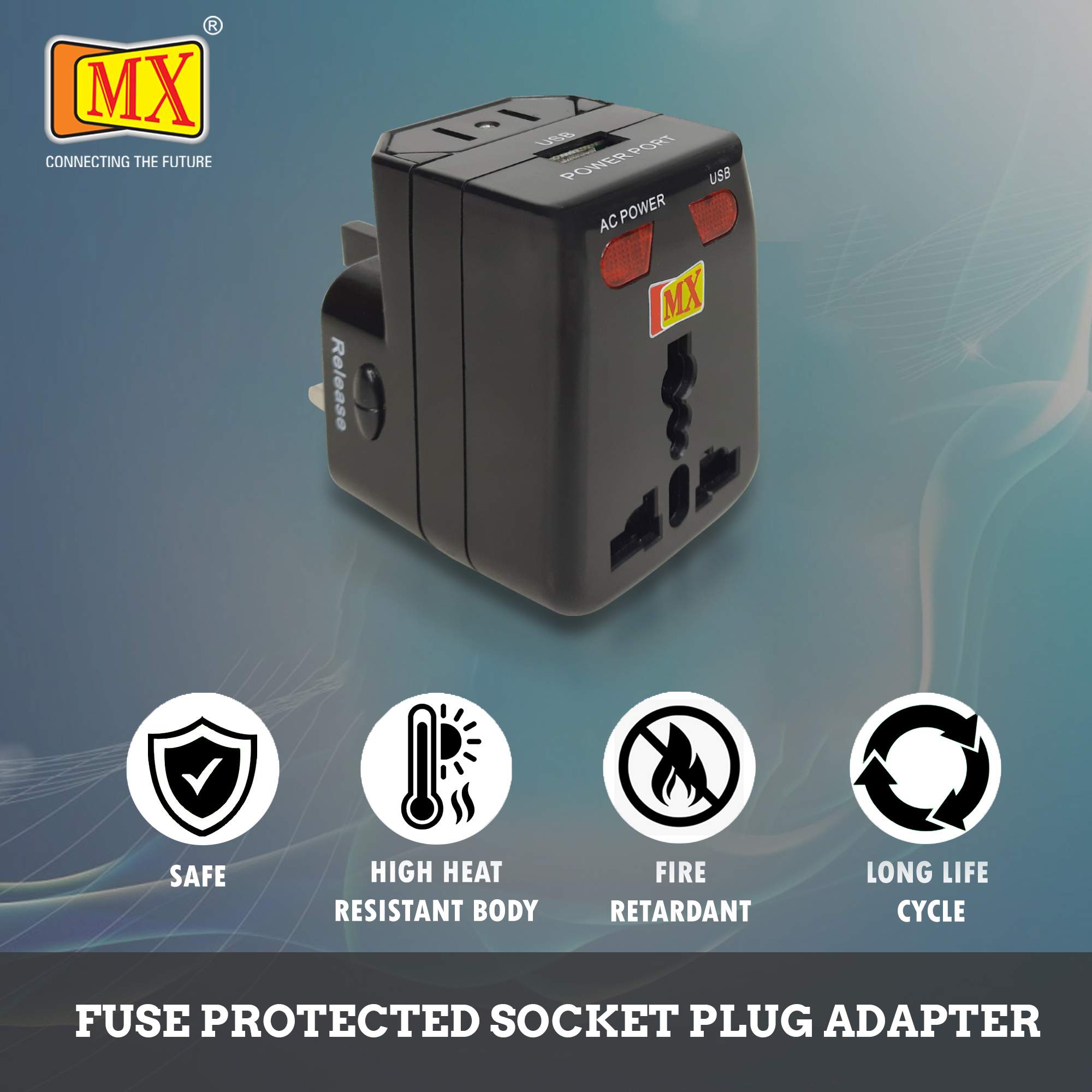 MX Universal Travel Adaptor with USB Charger with Indicator and Fuse. - Image 4