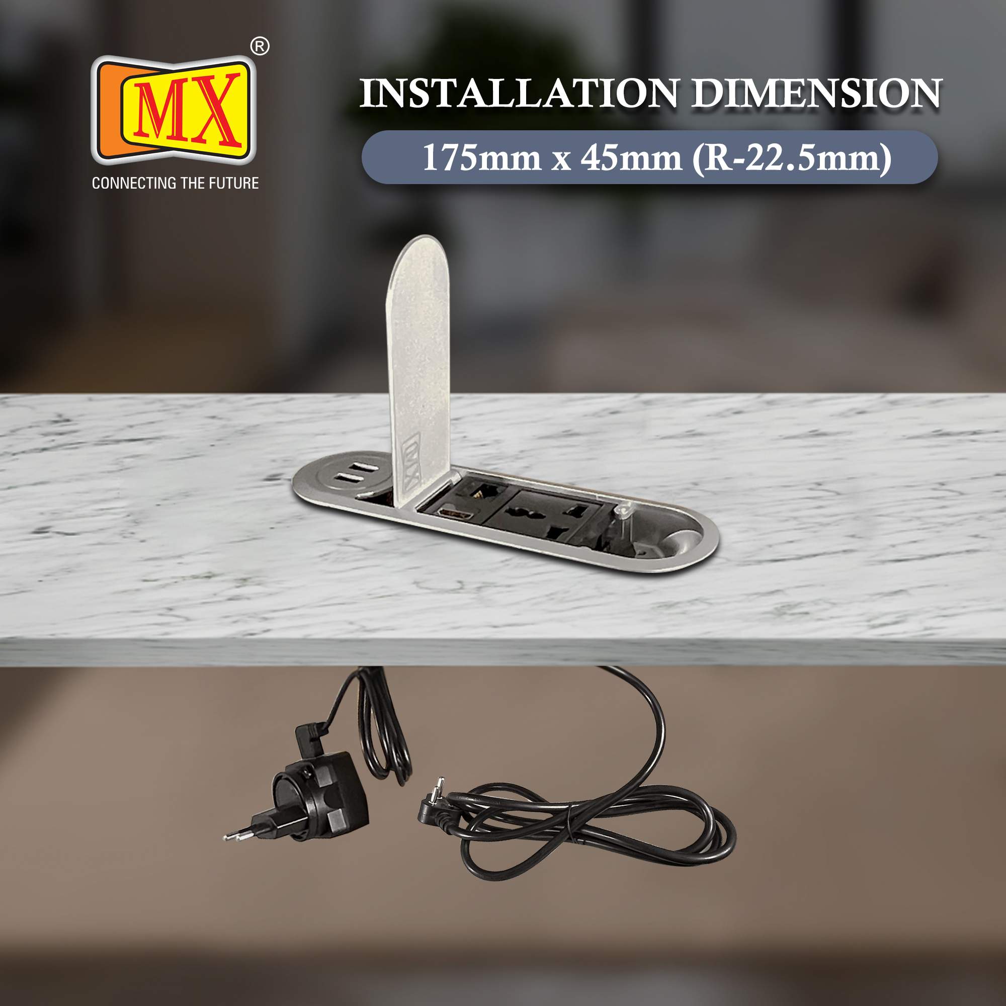 MX Desktop Concile Power Outlet with 1 Universal Socket | 2 USB A Charger | 1 RJ-45 (CAT-6) | 1 HDMI With 1.8 MTR Cord ( MX 7014A ) (Silver) - Image 4