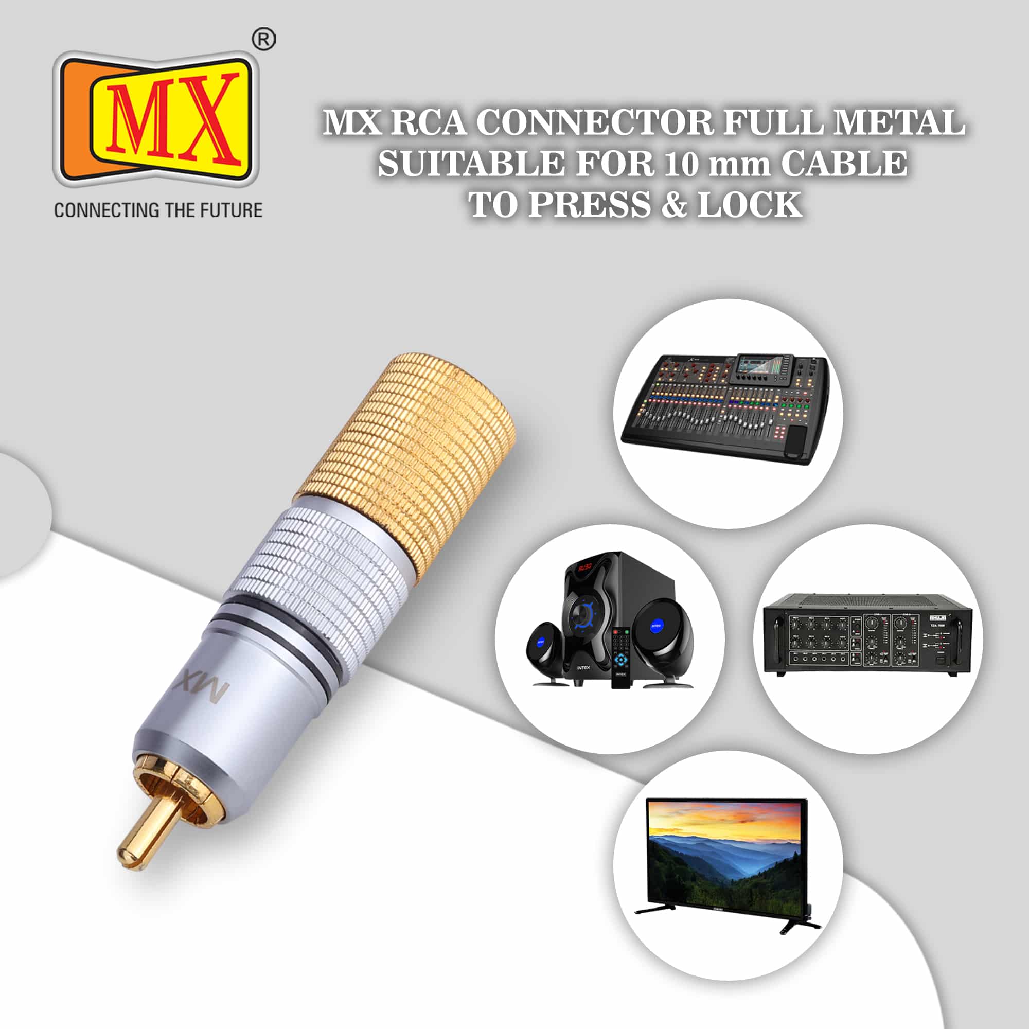 MX RCA Male Connector - Full Metal, Gold Plated - Suitable for 10mm Cable - Press & Lock Mechanism - Pack of 2 - Image 3