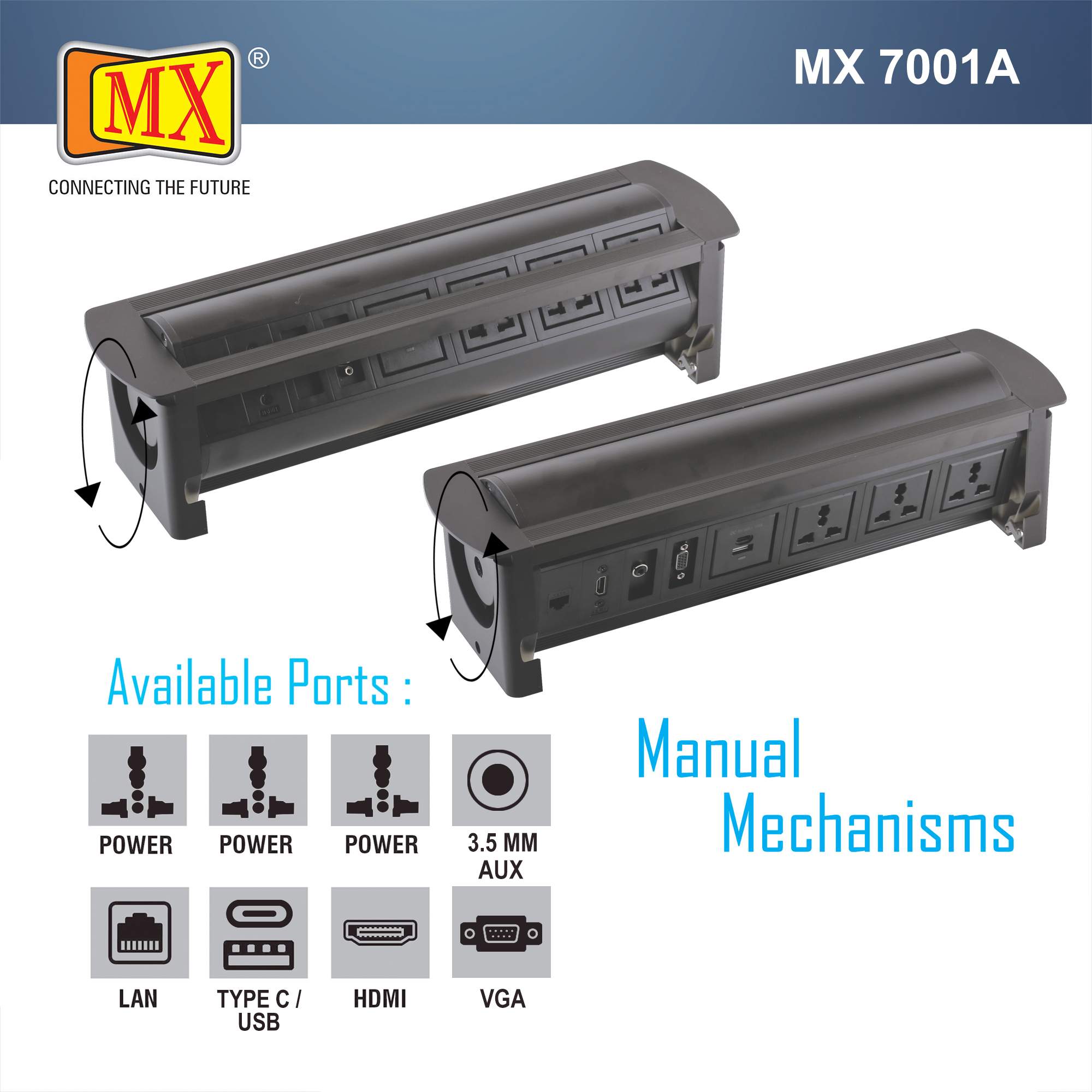 MX Manual Pop Up Box/Cable Cubby with 3 Universal Power Socket + 2 USB CHARGER (A + C 18W PD) + 1 HDMI (4K) + 1 RJ-45 (CAT-6) + 1 AUX (3.5MM) Cable Manager ( MX 7001A ) (BLACK) - Image 4