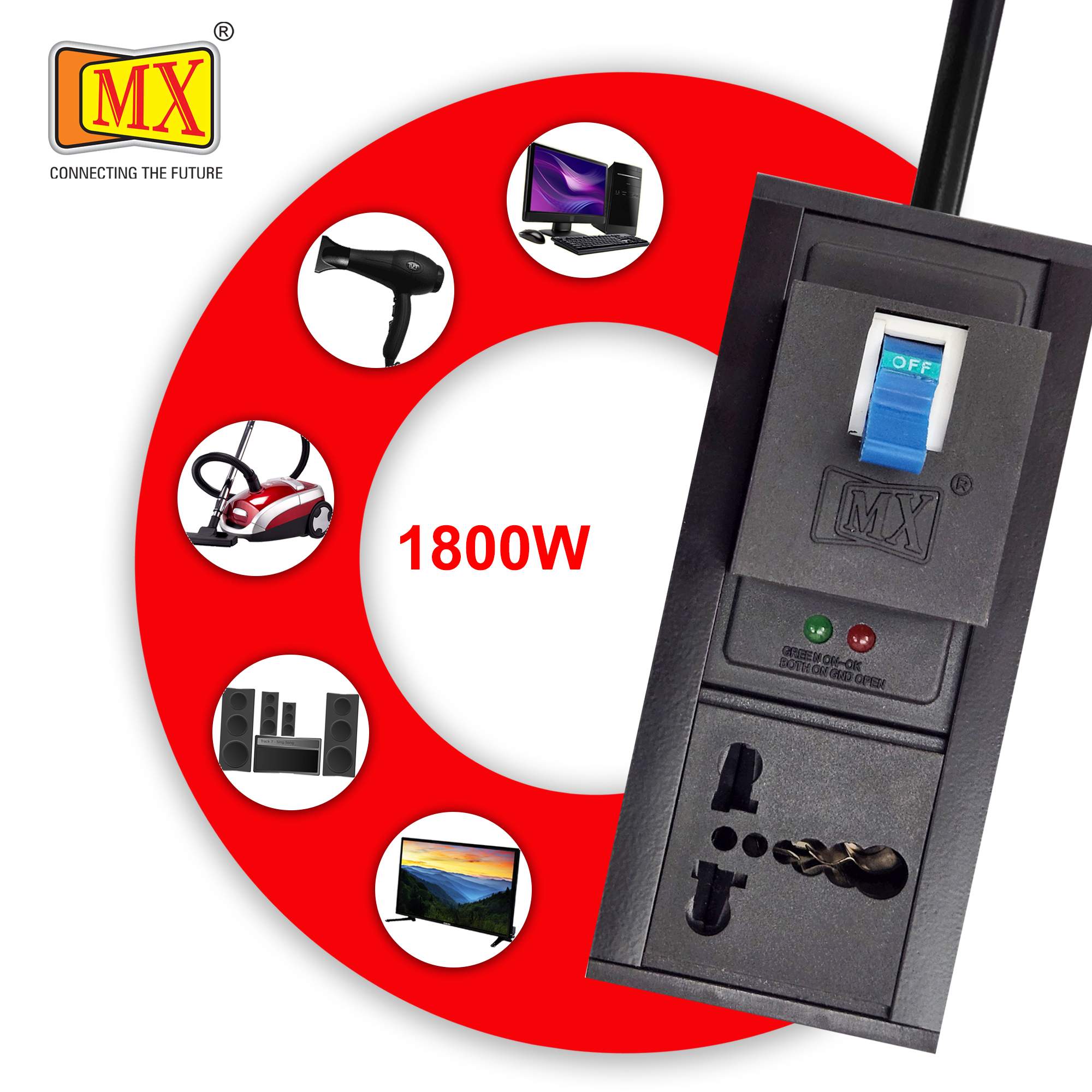 MX Single Outlet Power Distribution Unit with 6/16A Socket (1800W), 20m Heavy-Duty Cord, Child Safety Shutter, AC Line Fault Detector, Single Pole MCB Switch (32A), Flame-Retardant Body for home appliances like electric cooktop & Stove - Image 4