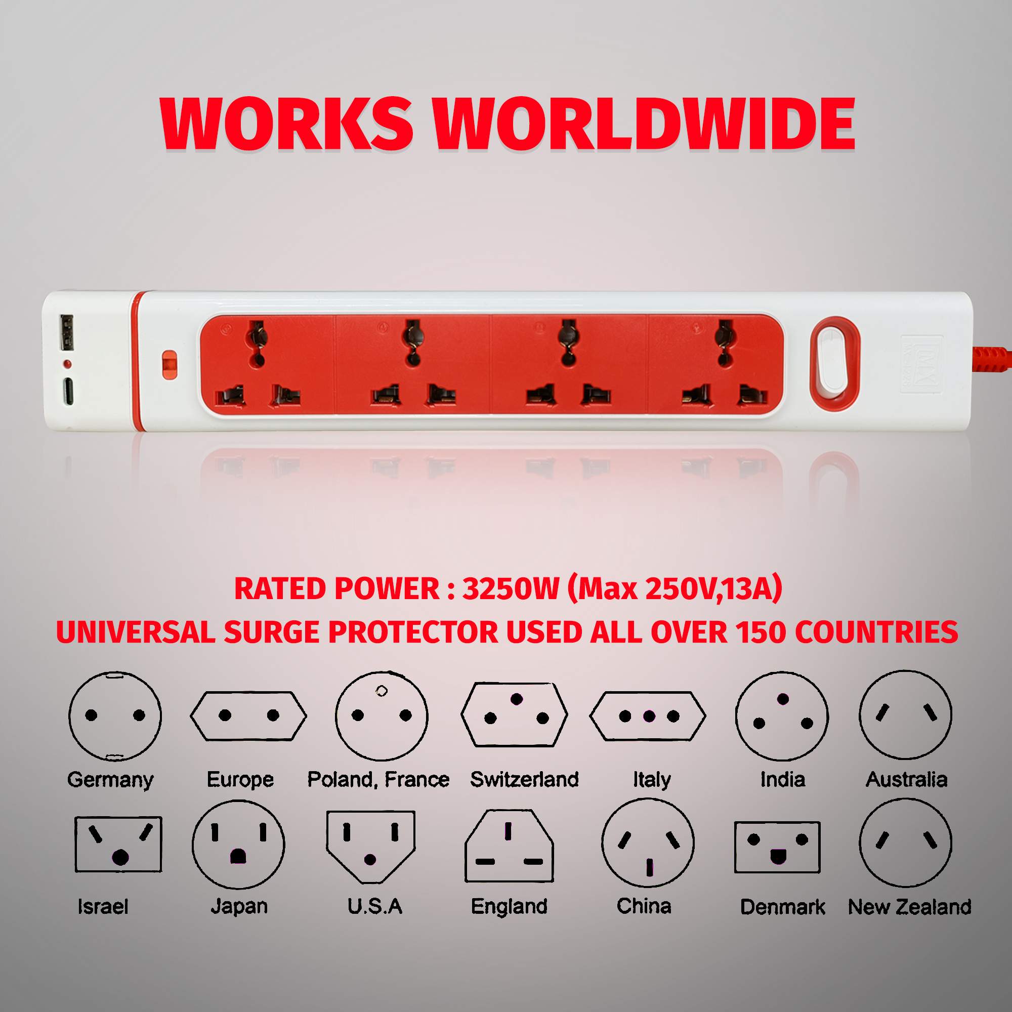 MX 7+1 Surge Protector with 4 universal socket / International Socket, Detachable 2 USB A + C 18W PD charging port (2.1A) with thermal protection & switch for home appliances like electric cooktop & Stove - Image 5