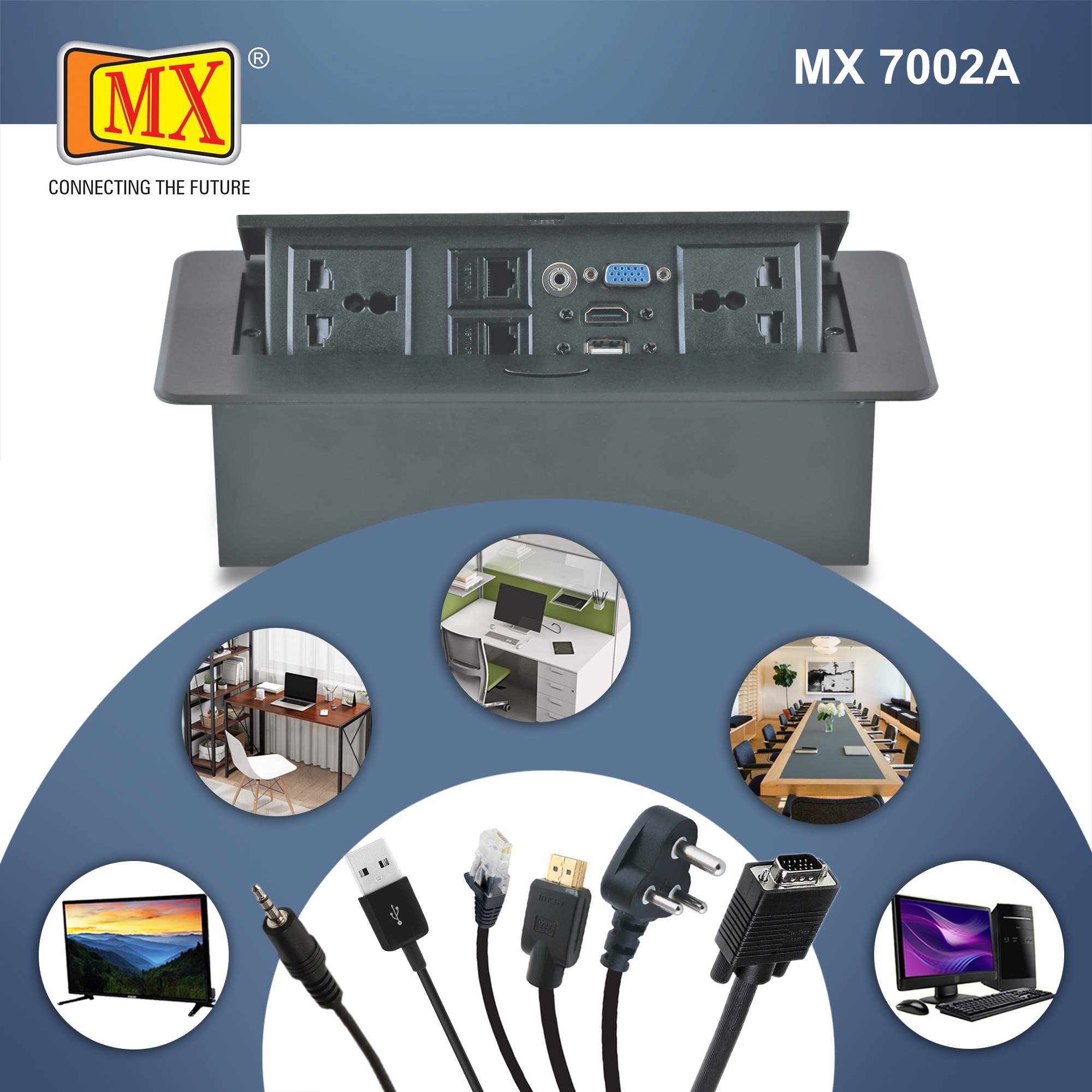 MX Hydraulic Pop Up Box/Cable Cubby with Switch 2 Universal Power Socket + 2 RJ-45 (CAT-6) + 1 VGA + 1 USB (DATA) + 1 HDMI (4K) +1 3.5 MM AUX Port (MX 7002A) - Image 4