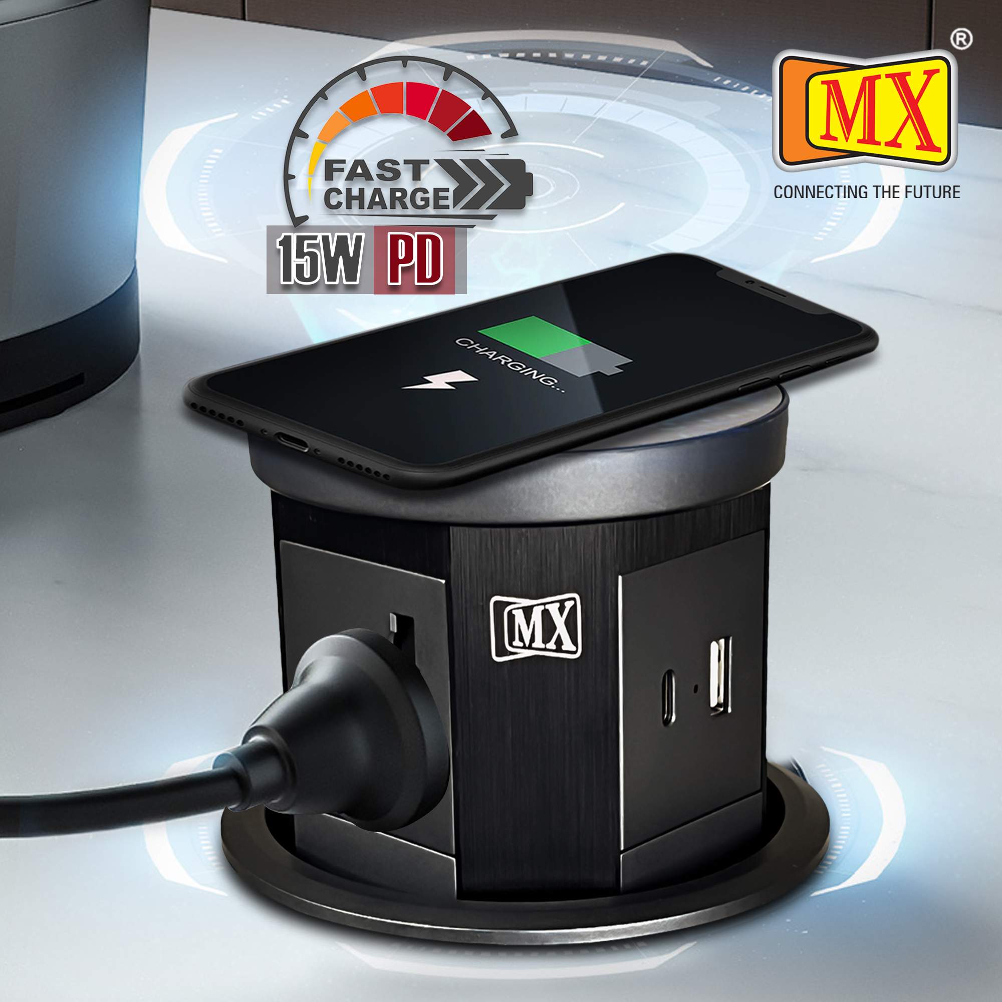 MX Table Top Power Post Push Up Come with 3 Universal Socket + 1 USB + 1 USB C - 20W PD Charger + 1 Top Wireless Charger 15W Along with 1.5 MTR Cord ( MX 7011 ) - Image 3