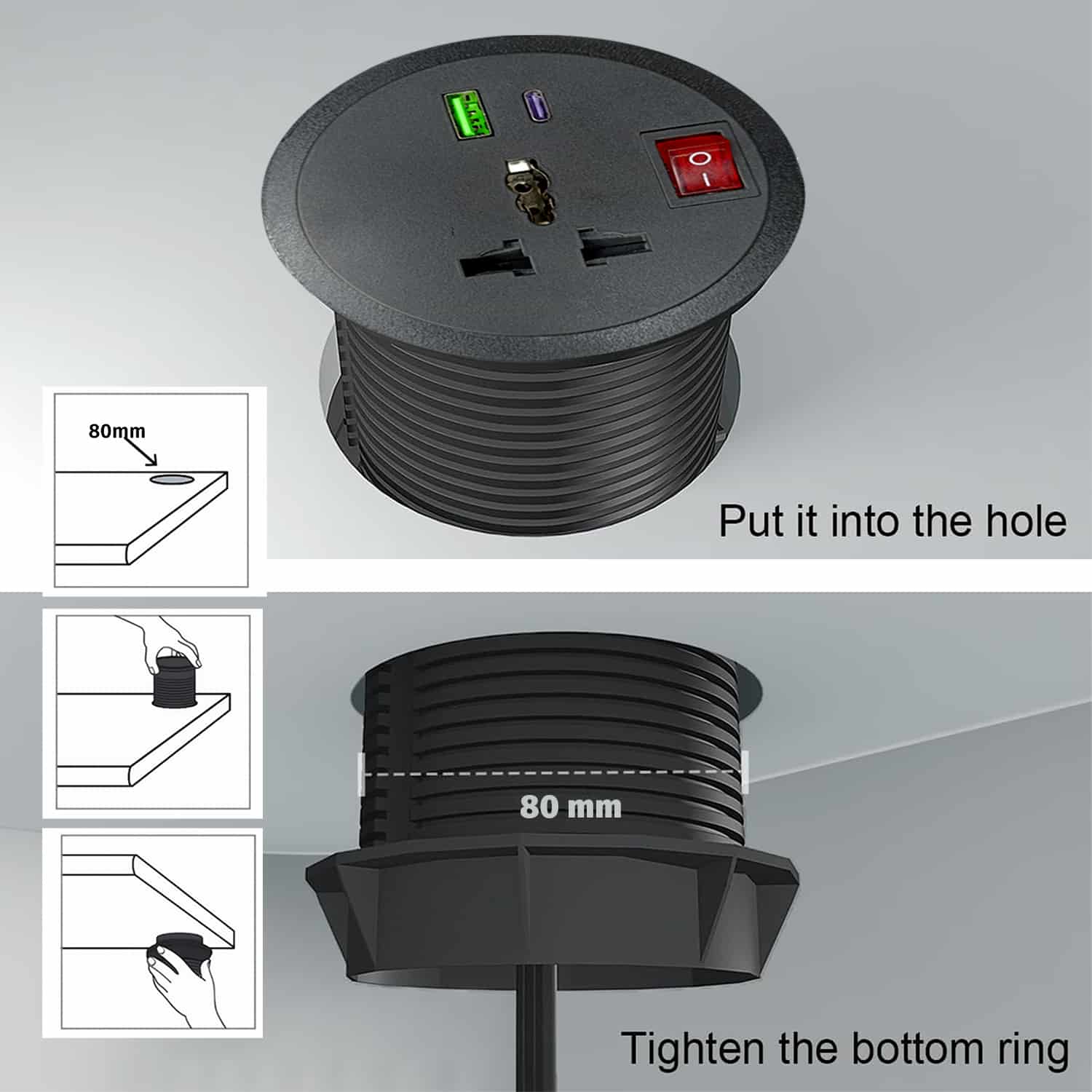 MX Desktop Power Grommet: 1 Universal Sockets, 1 USB-A + USB-C 30W PD Charging - Image 2