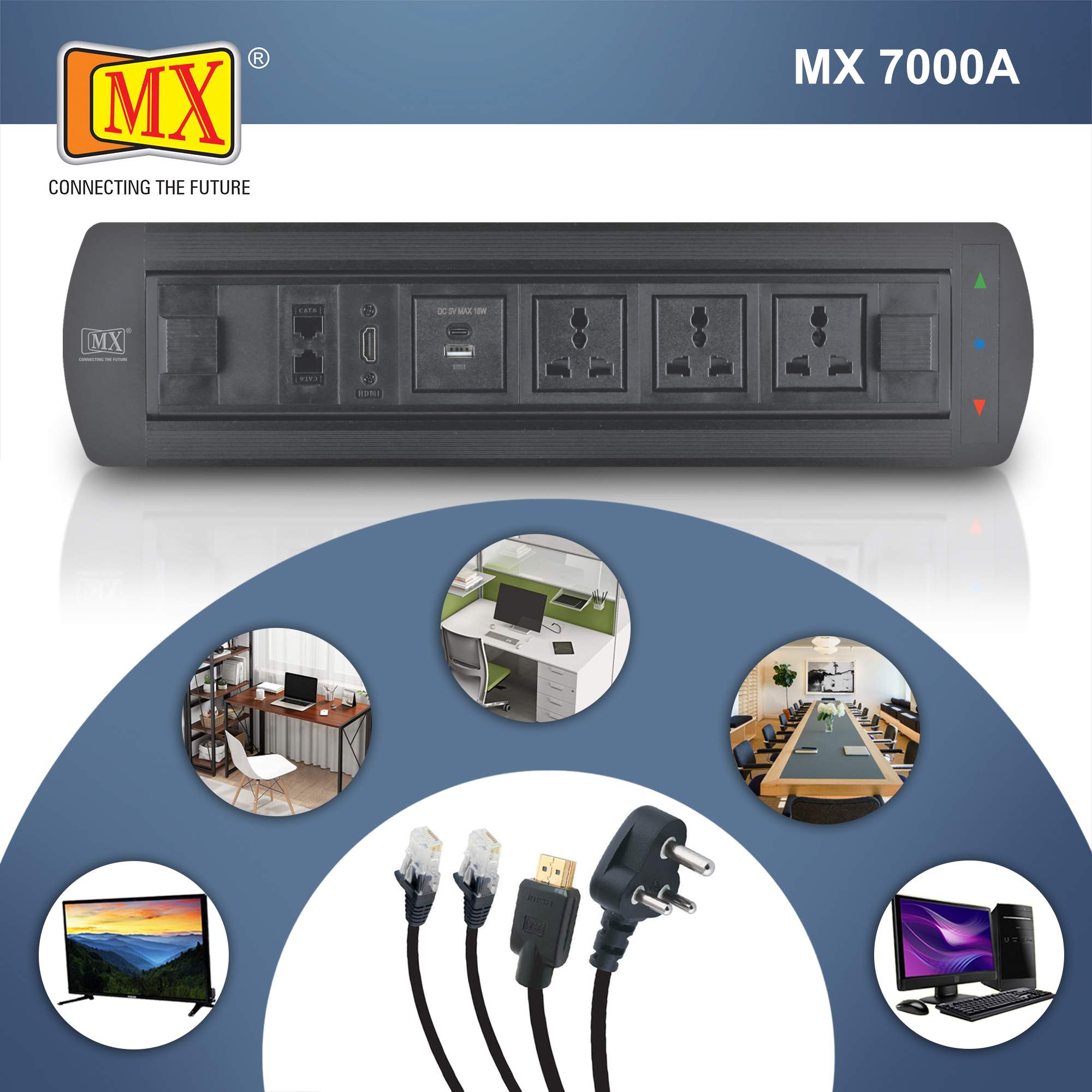 MX Motorized Pop Up Box / Cable Cubby With 3 Universal Power Socket + 2 USB Charger (A+C 18W PD) + 1 HDMI(4K) + 2 RJ-45 (CAT-6) Cable Manager (BLACK) - Image 4