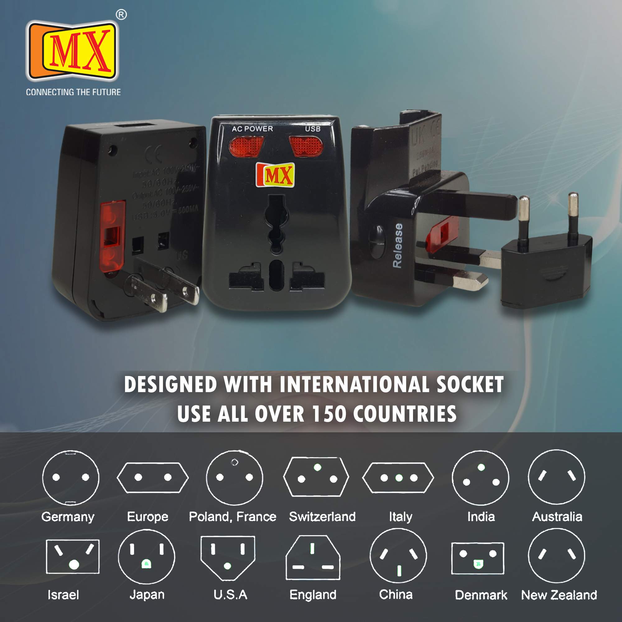 MX Universal Travel Adaptor with USB Charger with Indicator and Fuse. - Image 5