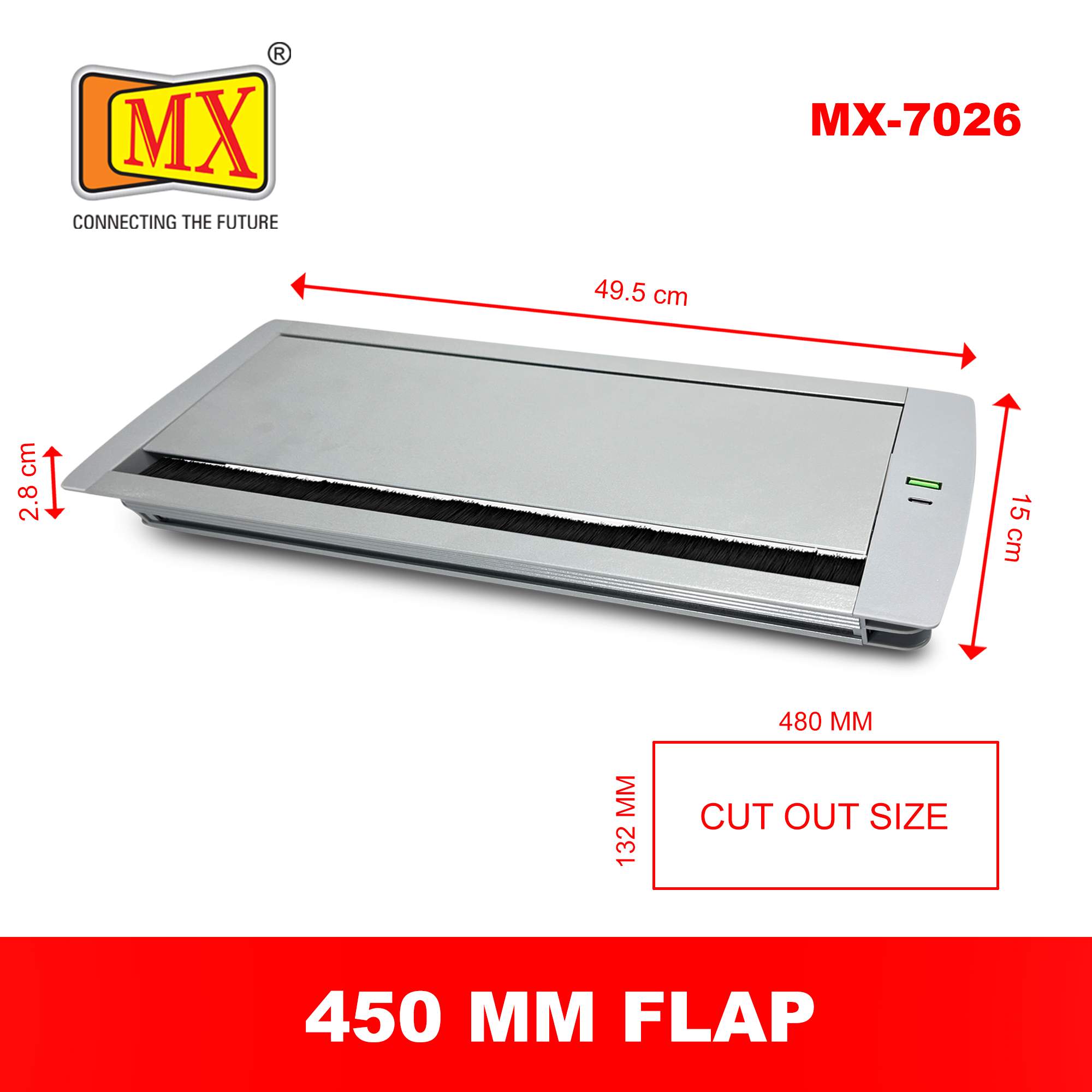 MX Aluminum Alloy Access Flap with Brush: Your Ultimate Desk Organizer for Effortless Cable Management and Workspace Tidiness, Featuring Additional 1 USB-A + C Ports (CUTOUT - 466X132 MM) Metallic Silver - Image 5