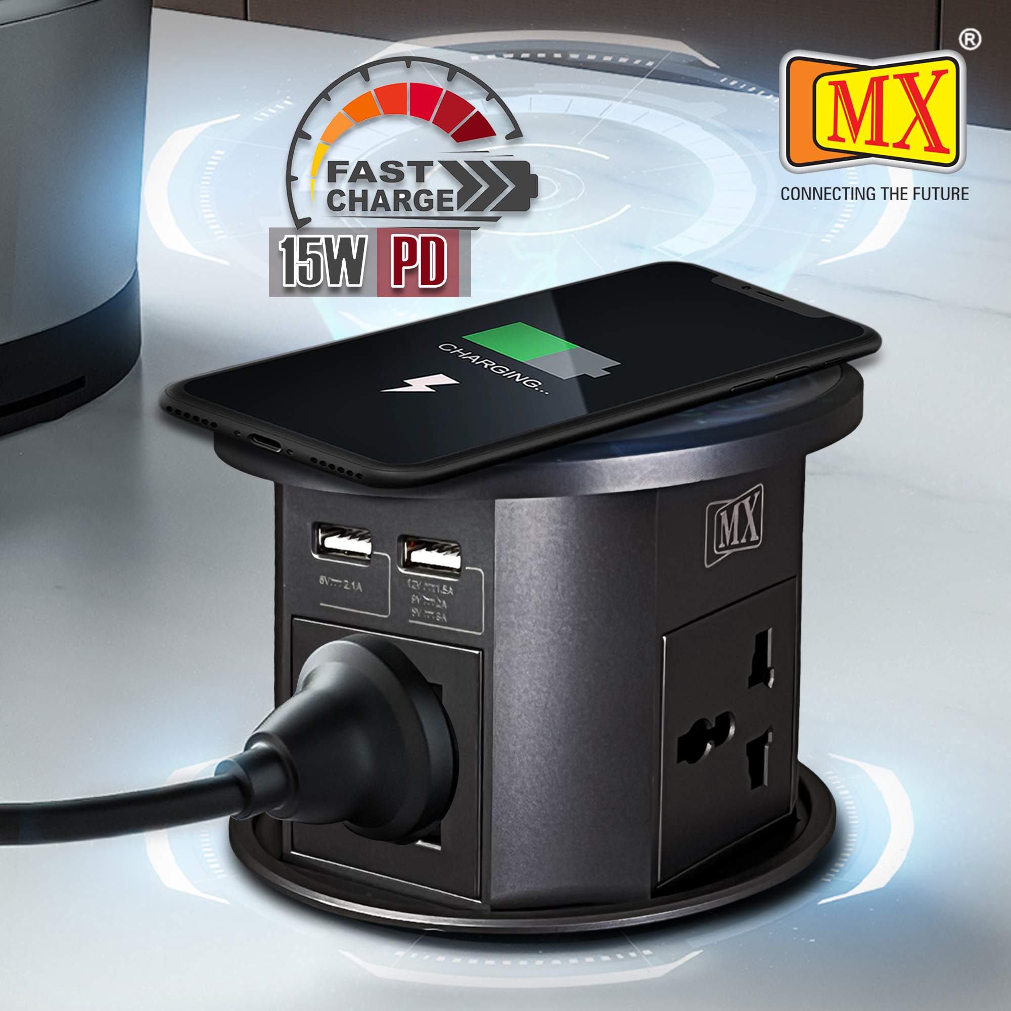 MX Table Top Power Feather Touch Up Wireless Come with 4 Universal Socket + 2 USB + 2 USB C - 20W PD Charger + 1 Top Wireless Charger 15W Along with 1.5 MTR Cord ( MX 7012 ) - Image 3