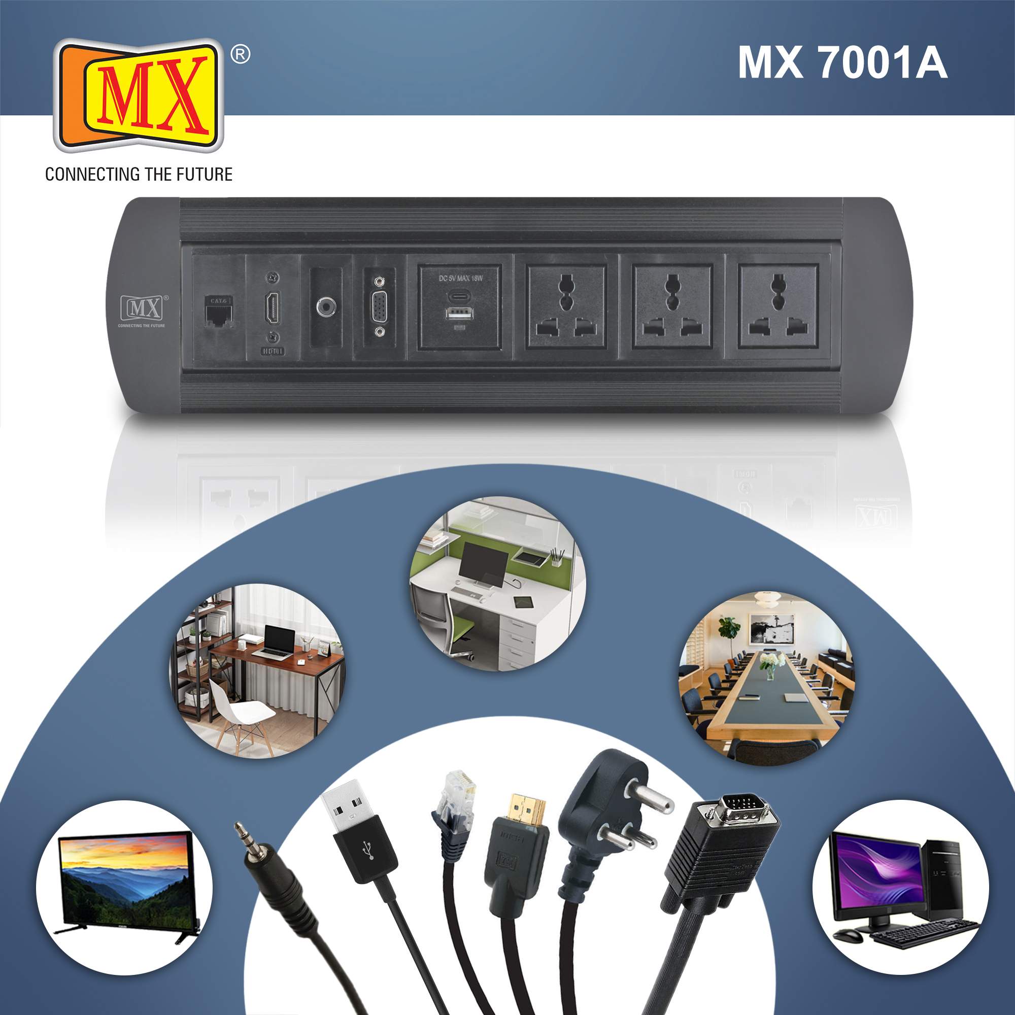 MX Manual Pop Up Box/Cable Cubby with 3 Universal Power Socket + 2 USB CHARGER (A + C 18W PD) + 1 HDMI (4K) + 1 RJ-45 (CAT-6) + 1 AUX (3.5MM) Cable Manager ( MX 7001A ) (BLACK) - Image 3